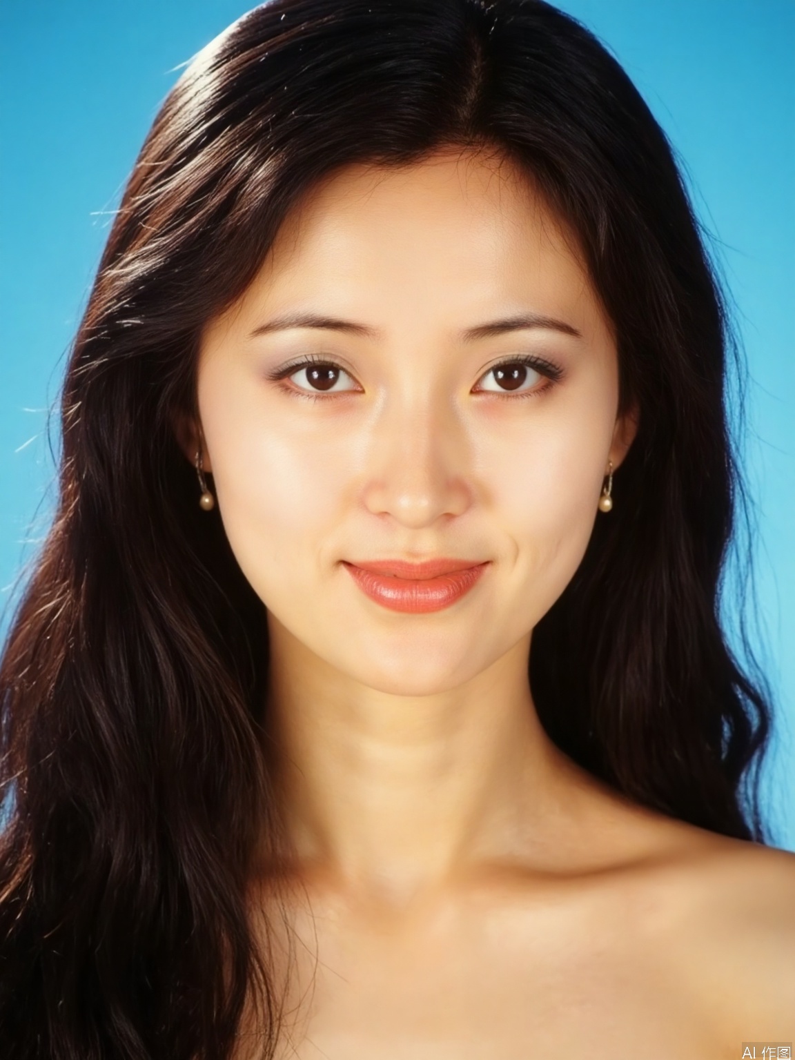A young woman with luscious brown hair and warm brown eyes gazes directly at the viewer, a subtle smile playing on her lips. Her closed mouth emphasizes the intrigue of her expression. A delicate pair of earrings adorns her ears. The upper body is framed against a serene blue background, creating a sense of intimacy in this realistic portrait.
