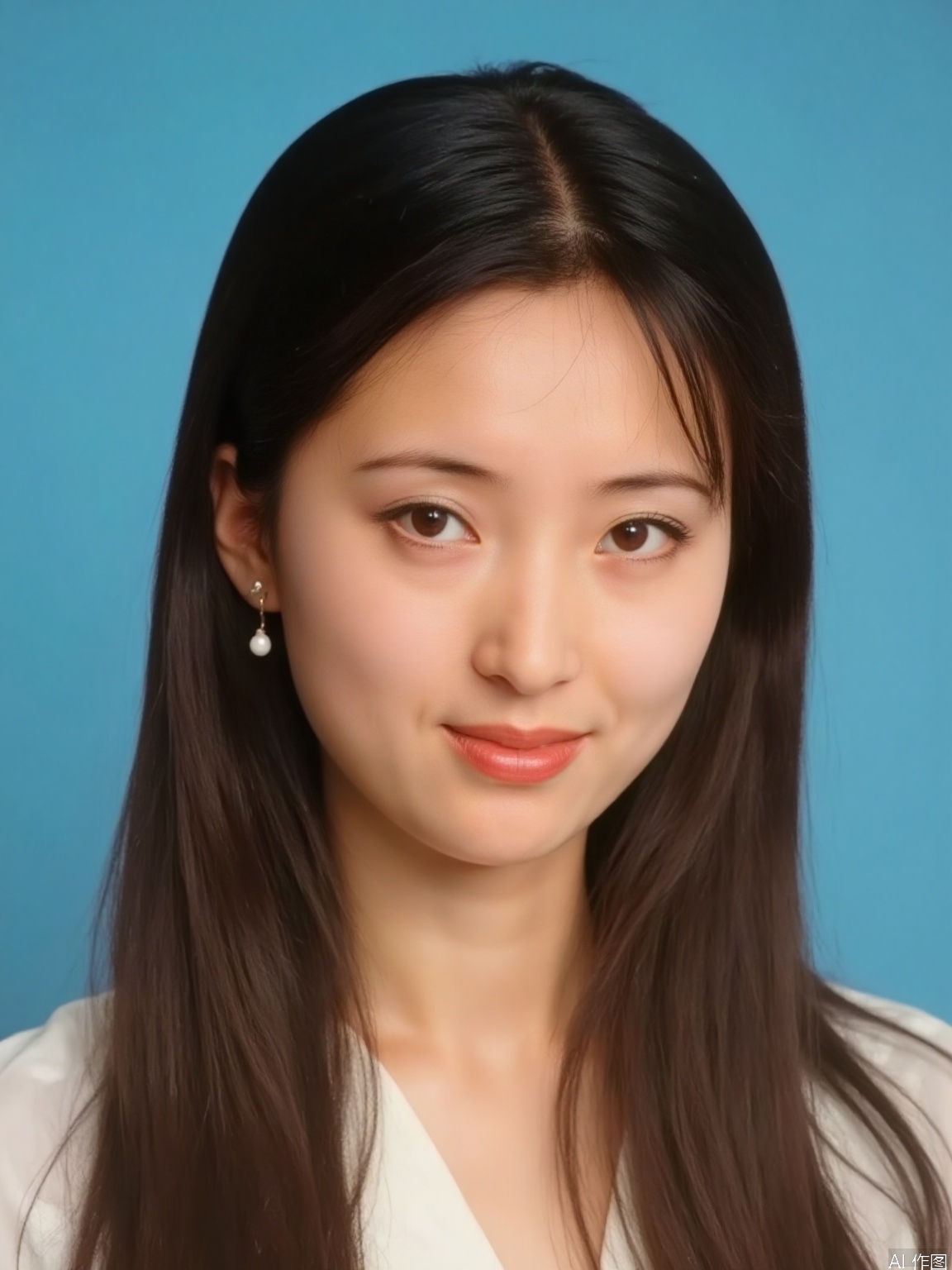 A young woman with luscious brown hair and warm brown eyes gazes directly at the viewer, a subtle smile playing on her lips. Her closed mouth emphasizes the intrigue of her expression. A delicate pair of earrings adorns her ears. The upper body is framed against a serene blue background, creating a sense of intimacy in this realistic portrait.
