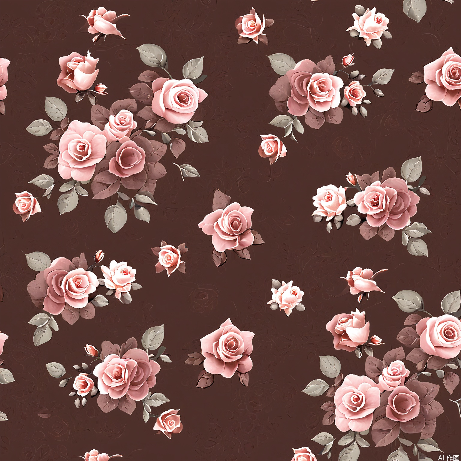 HWTA, A seamless floral pattern featuring large pink roses, smaller white roses, and various green leaves on a dark brown background. The flowers and leaves are illustrated in a realistic style with soft, pastel colors. The roses have a slightly faded look, adding a vintage feel to the design. The pattern is symmetrical and evenly spaced, creating a harmonious and elegant appearance. The overall aesthetic is romantic and classic, suitable for use in textiles, wallpapers, or digital backgrounds.
