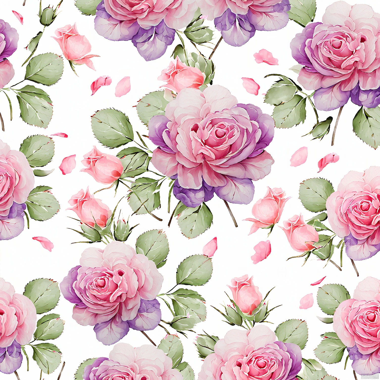 HWTA, Watercolor painting of a seamless floral pattern, featuring large, detailed pink and purple roses with green leaves. Small, delicate buds and scattered rose petals add to the composition. The flowers are arranged in a repeating, elegant pattern against a white background. The style is realistic with a soft, watercolor texture, giving the image a delicate and romantic feel. The overall color palette is soft and pastel, creating a calming and aesthetically pleasing effect. The image is high quality and vibrant, with a focus on the intricate details of the flowers and leaves.