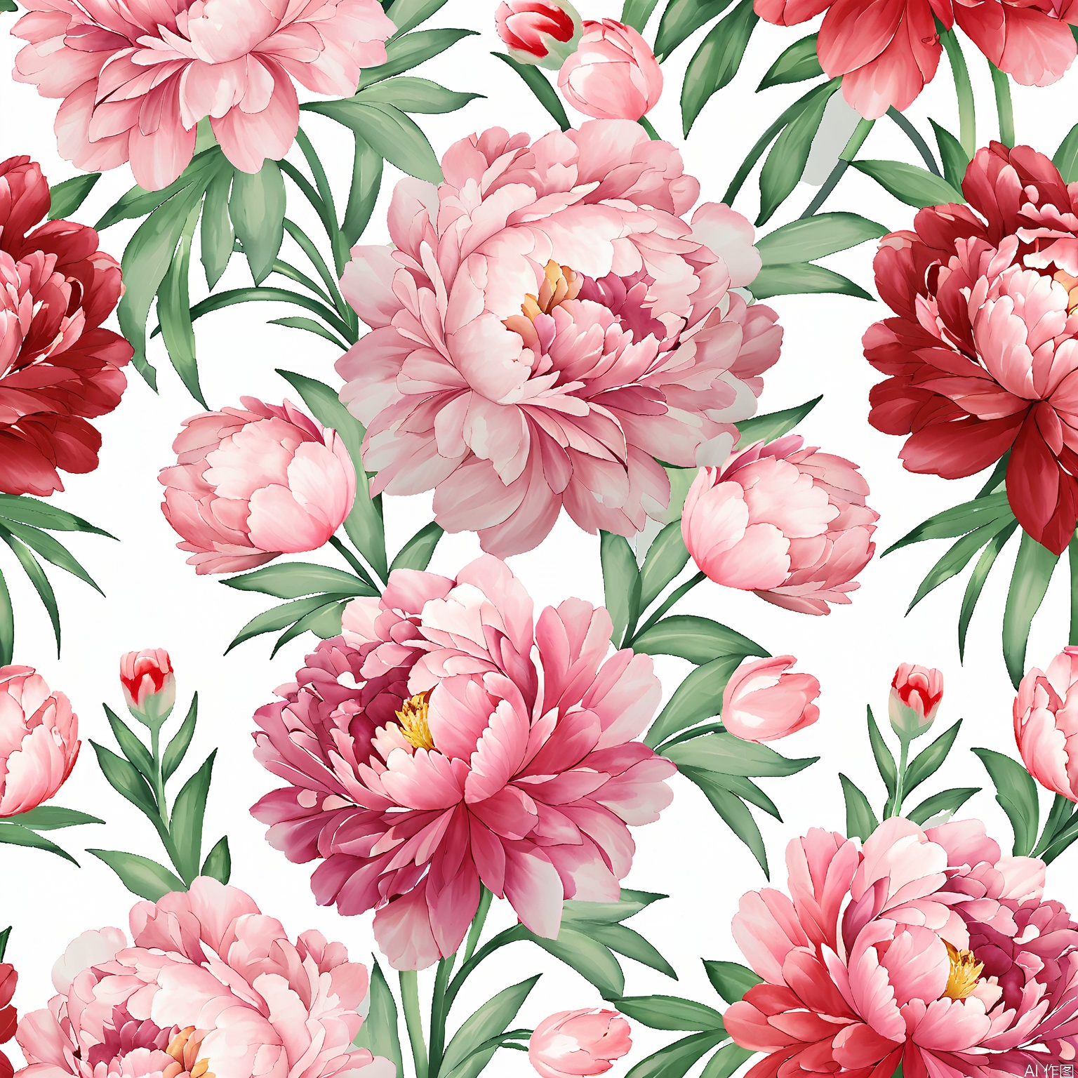 HWTA, A digital painting of a seamless floral pattern featuring large, detailed peonies in shades of pink, white, and red. The flowers are surrounded by lush green leaves, and the background is a clean, white canvas. The style is realistic with a soft, watercolor-like texture. The peonies are arranged in a random, organic manner, creating a visually appealing and balanced composition. The flowers are in various stages of bloom, adding depth and interest to the design. The overall aesthetic is elegant and timeless, suitable for use in decorative prints, wallpaper, or fabric design