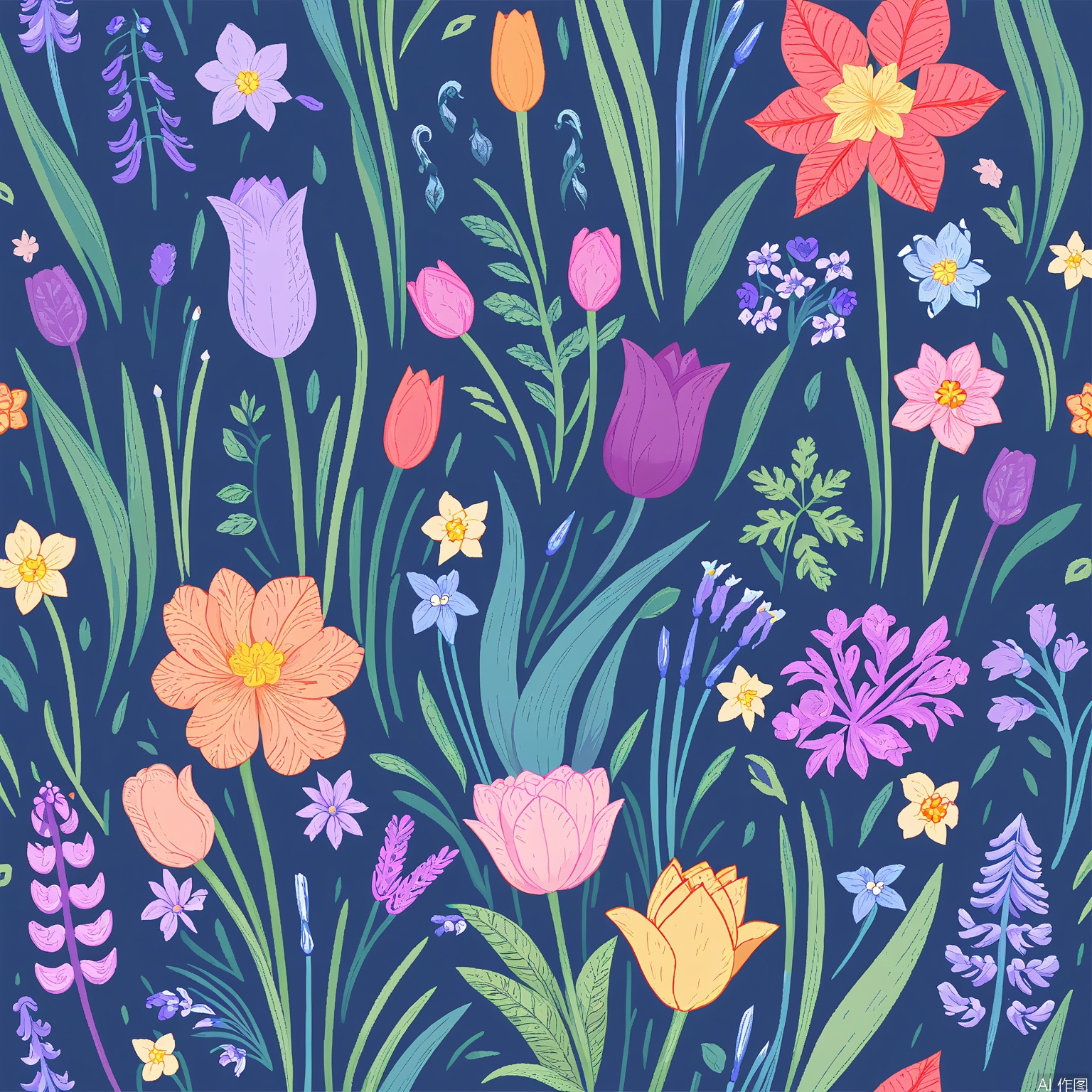 HWTA, A seamless, vibrant botanical pattern featuring a variety of flowers and foliage on a dark blue background. The flowers include pink and red tulips, purple and yellow daffodils, and orange and pink peonies. There are also ferns, lavender, and various other plants. The illustration is done in a whimsical, hand-drawn style with intricate details and rich colors. The pattern is symmetrical and evenly spaced, creating a balanced and harmonious design.
