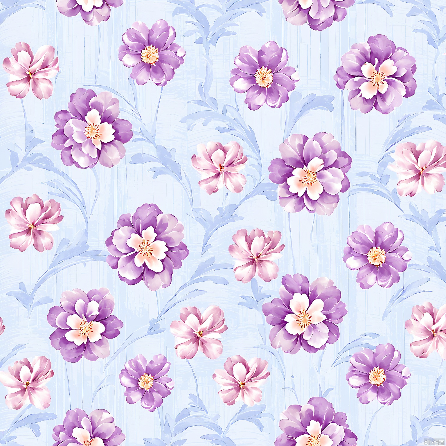 HWTA, A seamless pattern featuring large, detailed flowers in shades of purple, pink, and white, with green leaves. The flowers have a soft, watercolor-like texture and are scattered across a light blue background with subtle wavy lines. The style is reminiscent of vintage floral prints. The overall aesthetic is delicate and elegant, suitable for fabric, wallpaper, or stationery. The pattern is symmetrical and repeated throughout the image.