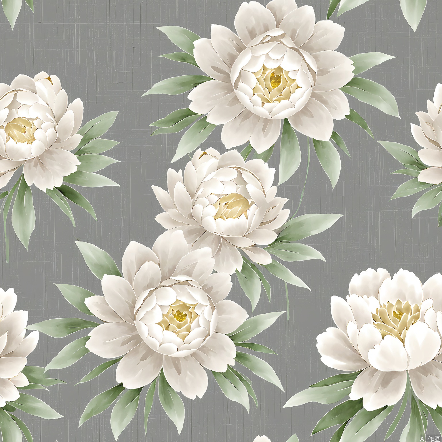 HWTA, Digital artwork of a seamless floral pattern featuring large white peonies with soft, light brown centers, surrounded by smaller buds and green leaves. The background is a muted gray with a subtle, textured fabric-like appearance. The flowers have a delicate, watercolor style, with soft shading and gentle gradients. The overall aesthetic is elegant and classic, with a focus on natural beauty and simplicity. The design is symmetrical and balanced, with a repeating motif that creates a cohesive and harmonious visual experience.