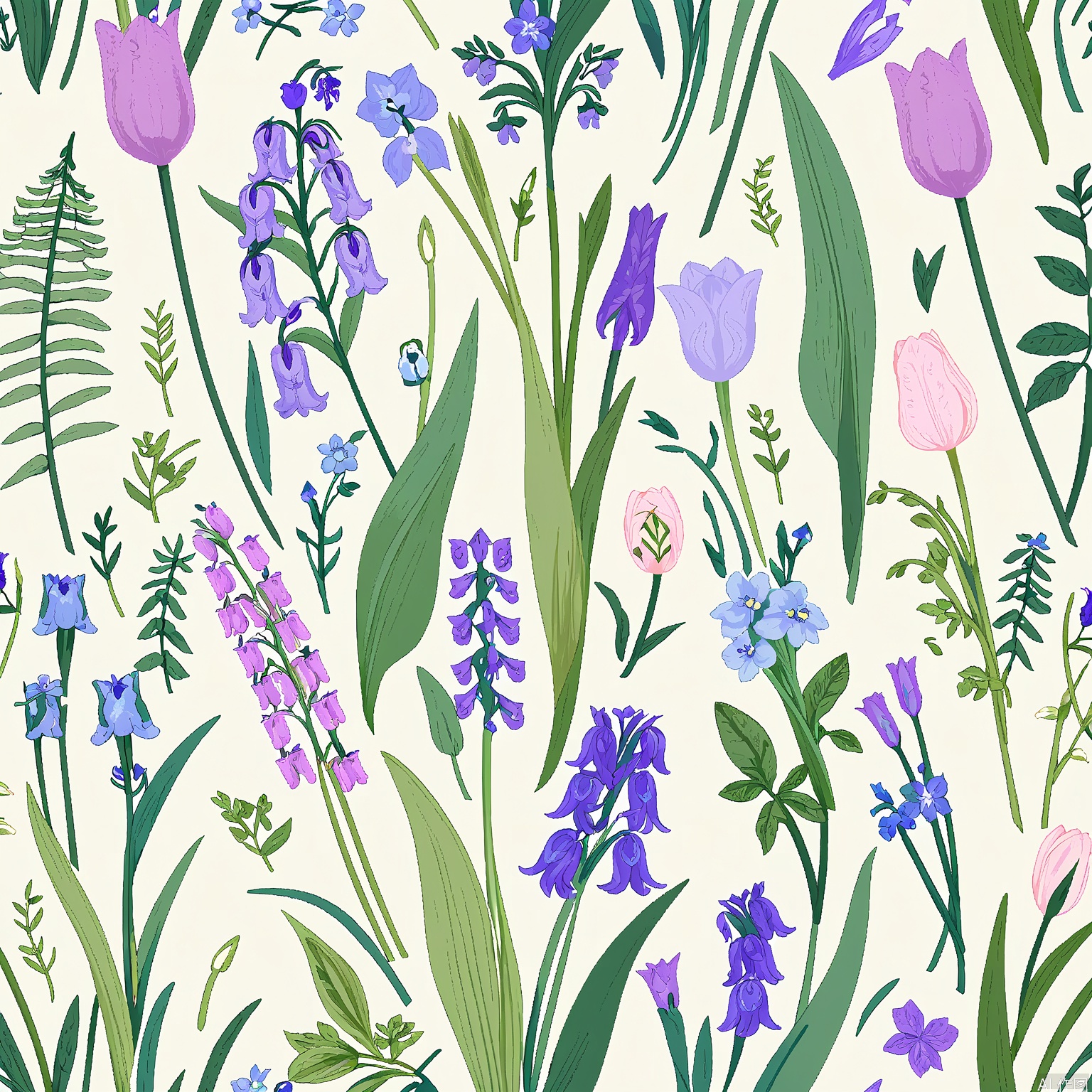 HWTA, A seamless pattern of various flowers and greenery on a white background. The flowers include pink tulips, purple lavender, blue forget-me-nots, and purple bellflowers, along with ferns and other foliage. The illustration is done in a delicate, detailed style with a soft color palette. The flowers are scattered throughout the image, creating a natural and harmonious composition. The design is whimsical and elegant, suitable for fabric, wallpaper, or stationery.