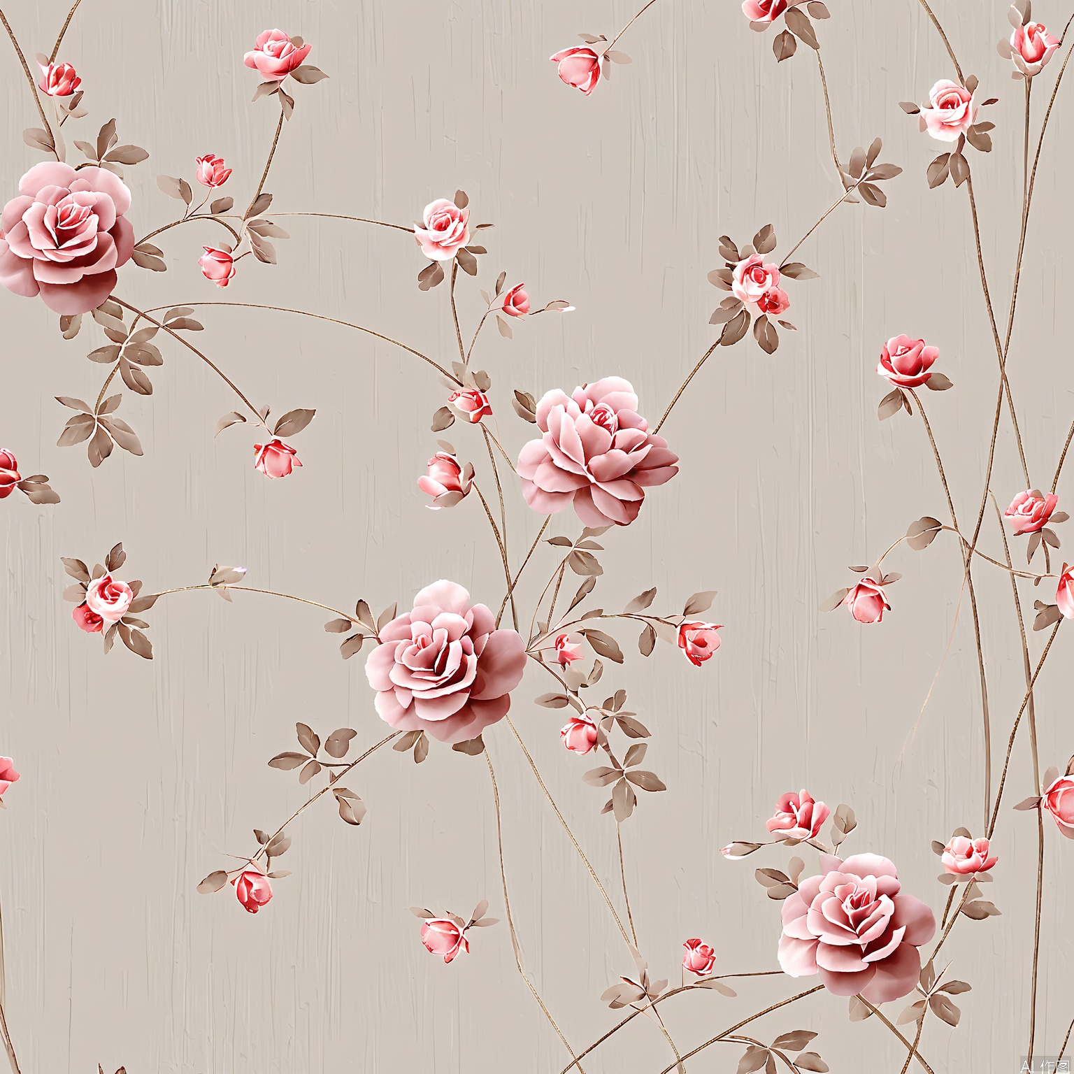 HWTA, Photograph of a seamless floral pattern featuring pink roses and smaller pink and white flowers on thin, winding stems. The flowers are detailed with realistic textures and shading, giving them a lifelike appearance. The background is a soft, muted beige, which contrasts nicely with the vibrant pink hues of the flowers. The floral arrangement is evenly spaced and repeated throughout the image, creating a consistent and elegant design. The overall aesthetic is delicate and romantic, suitable for wallpaper, fabric, or other decorative purposes. The image is high quality and clear.