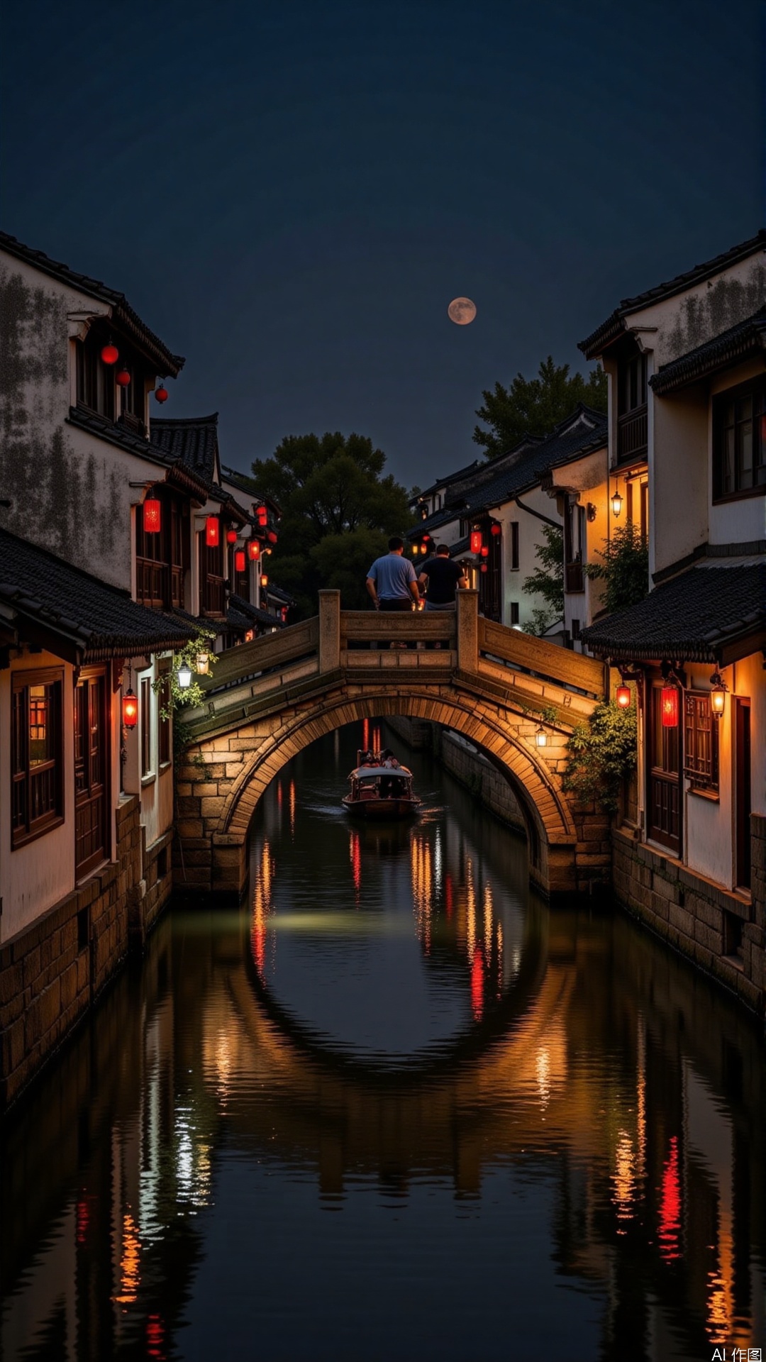 The image is a night scene of a canal in a traditional Chinese village. The canal is lined with old-fashioned buildings on both sides, with a stone bridge crossing over it. The buildings are lit up with colorful lights, creating a warm and cozy atmosphere. On the right side of the image, there are a few people walking on the bridge, and on the left side, there is a boat on the water. The sky is dark, and a full moon can be seen in the background. The water is calm and still, reflecting the lights from the buildings and the bridge. The overall mood of the scene is peaceful and serene.