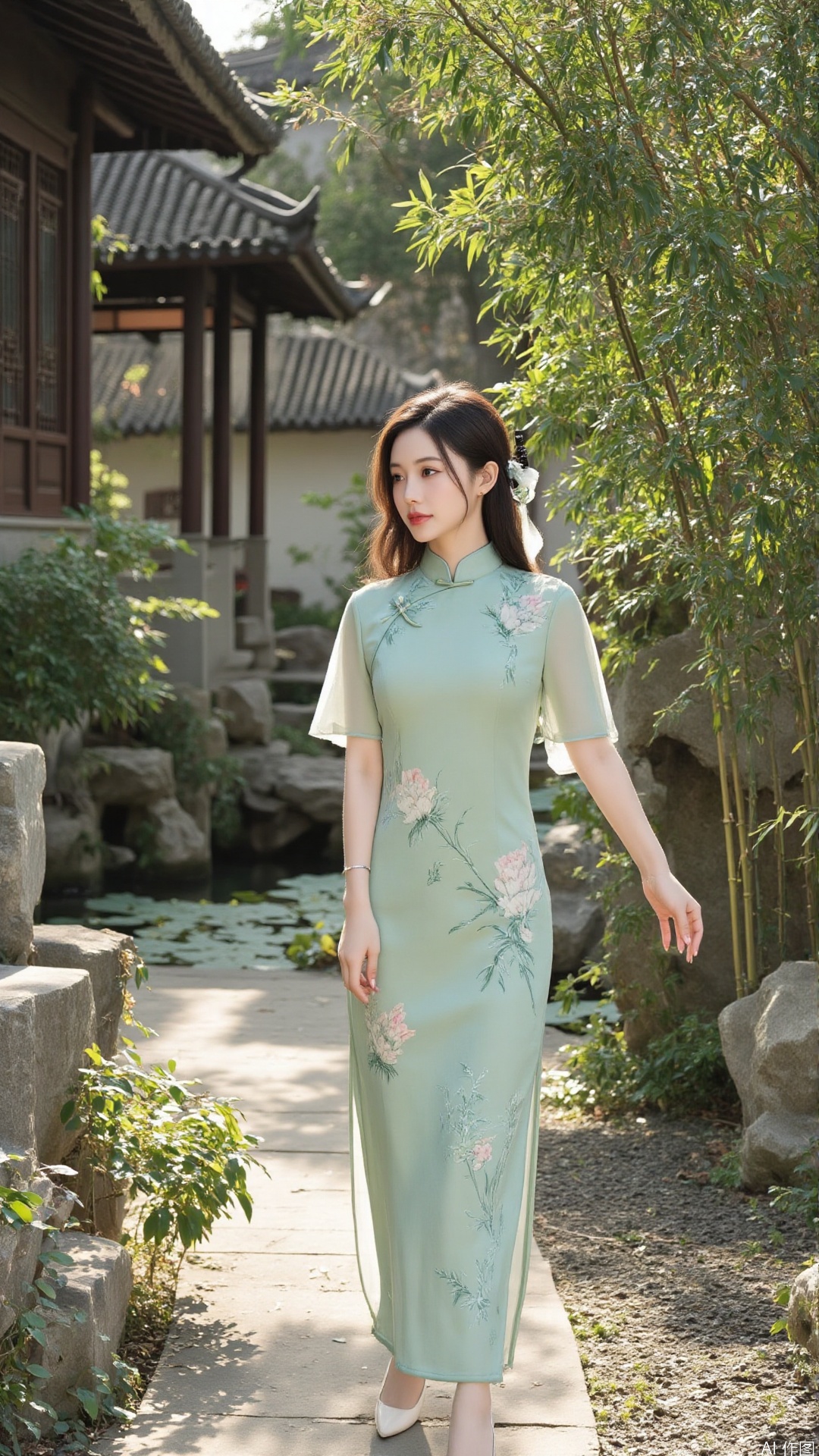 "A serene scene of a classic Jiangnan garden, featuring a graceful woman in a cheongsam strolling along a winding path. Her cheongsam is a soft emerald green, intricately embroidered with lotus flowers and bamboo leaves, symbolizing purity and resilience.

She walks with a gentle, flowing gait, her hair loosely styled and adorned with a silk ribbon, adding a touch of modernity to her traditional look. The garden is lush with lotus ponds, rock formations, and aged trees, creating a harmonious blend of nature and artifice.

In the background, a wooden pavilion stands gracefully, surrounded by bamboo groves and flowing water. The sunlight filters through the leaves, casting dappled shadows on the ground.

The entire scene is bathed in soft, warm light, with a color palette of emerald green, light pink, and soft gold, evoking a sense of peace and tranquility. Perfect for a serene and elegant theme."