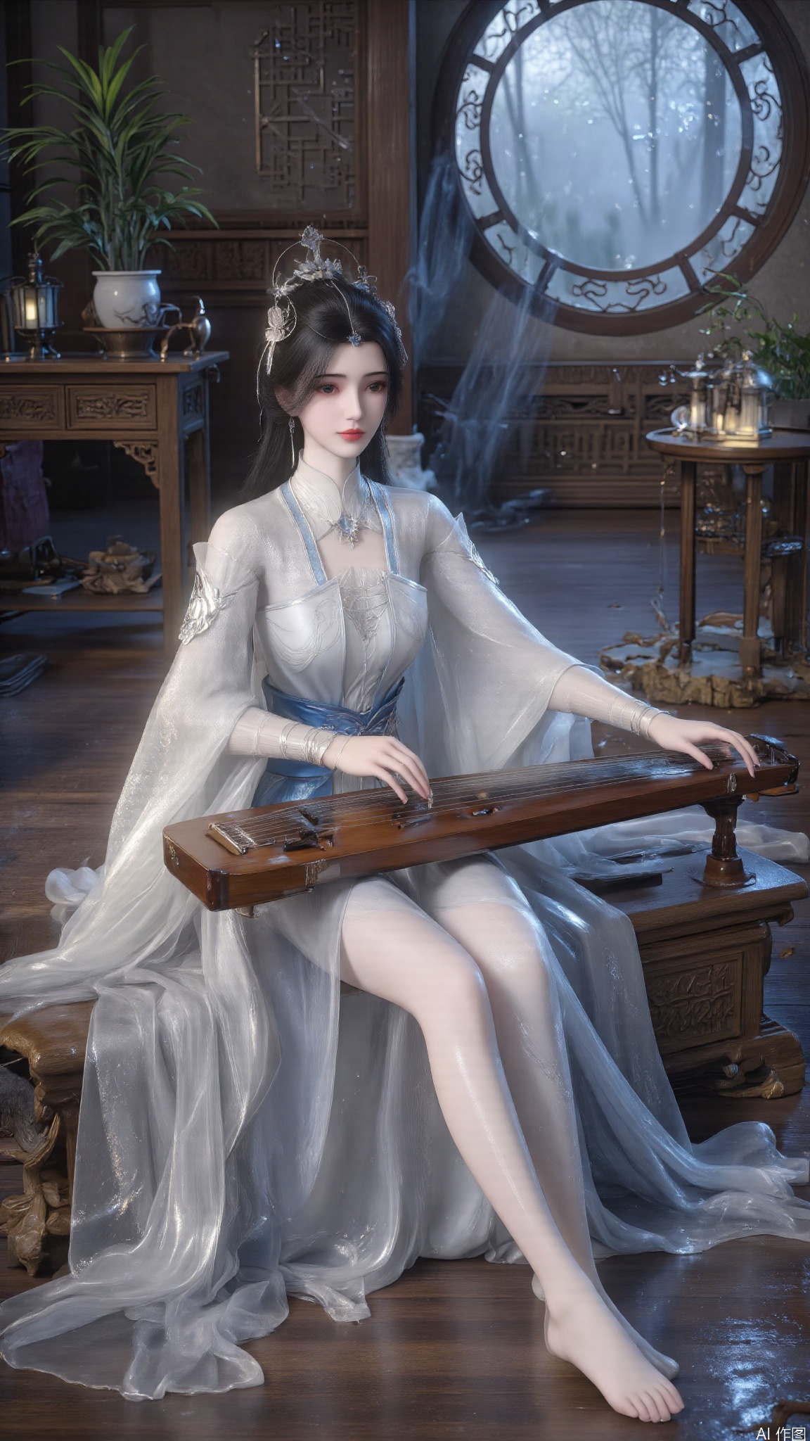 The beauty of ancient costumes, the beauty of fantasy fiction, this is a very detailed digitally enhanced photograph that shows a peaceful, ethereal scene. The central figure in the painting is a young woman with pale translucent skin, flowing black hair, and a delicate silver barrette. She wore a traditional, elegant white silk robe that draped over her body, giving a sense of elegance and serenity. Her expression was contemplative and serene.

Sitting on a low wooden platform, she played the traditional Chinese zither, dexterously sliding her fingers over the strings. The guzheng is placed horizontally in front of her, and she is surrounded by soft diffuse light, creating a dreamy, otherworldly atmosphere.

In the background, there is a large circular window with intricate wood frames and frosted glass, and soft blue light filters through the window, casting a soft glow over the scene. The room is decorated with traditional Chinese elements, including a small, ornate table with a lantern on it and a potted plant with wide leaves on the left. The floor is made of polished wood, adding a rich and warm tone. The overall atmosphere is one of serenity and beauty, evoking a sense of ancient Chinese culture and art.