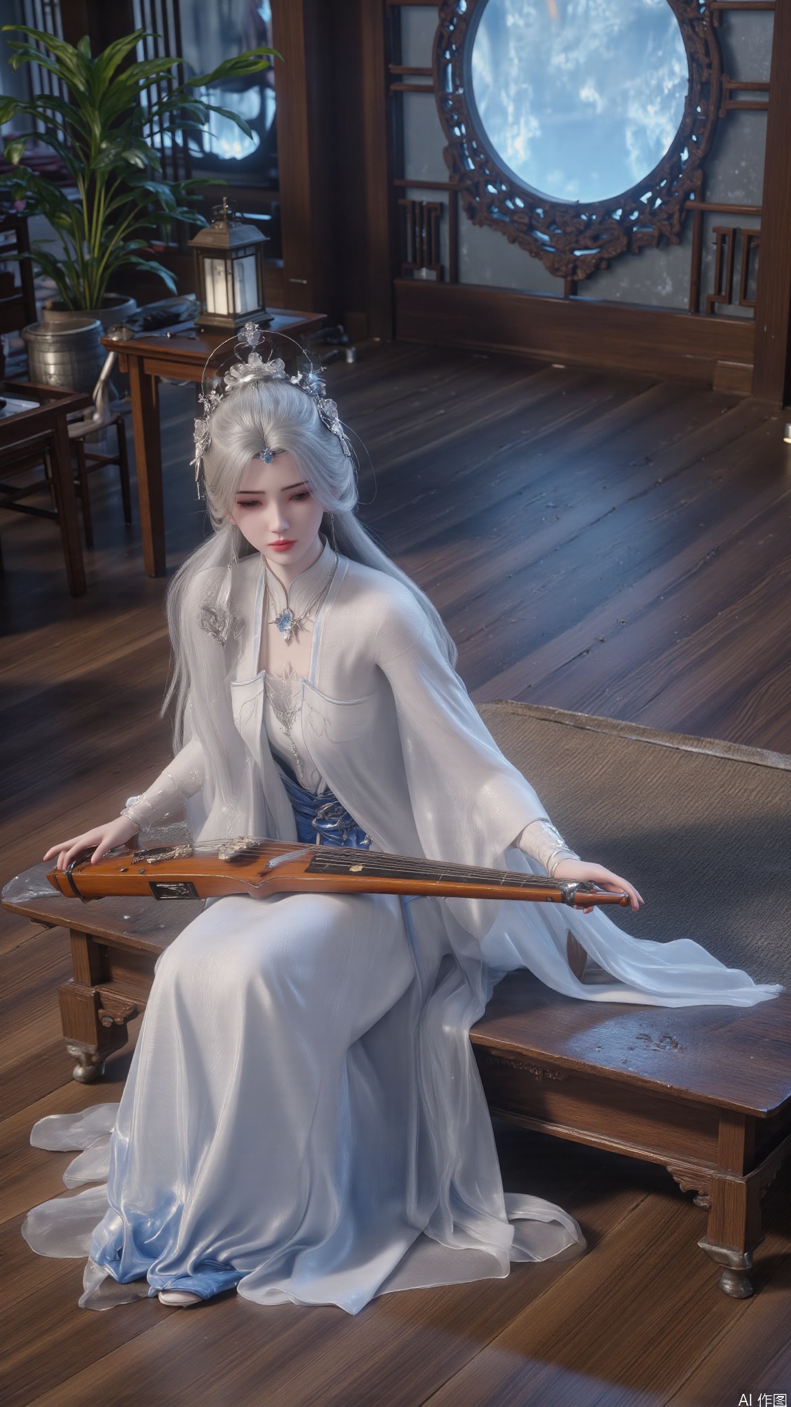 Ancient costume beauties,Fantasy novel beauties,This is a highly detailed, digitally enhanced photograph featuring a serene, ethereal scene. The central subject is a young woman with pale, translucent skin and long, flowing silver hair adorned with delicate, silver hairpins. She is dressed in a traditional, elegant Chinese robe made of white silk, which cascades around her, creating a sense of grace and tranquility. Her expression is contemplative and serene.

She is seated on a low wooden platform, playing a traditional Chinese zither, with her fingers delicately gliding across the strings. The zither is positioned horizontally in front of her, and she is surrounded by a soft, diffused light that creates a dreamy, otherworldly atmosphere.

In the background, there is a large, circular window with intricate wooden frames and frosted glass, through which a soft, blue light filters, casting a gentle glow on the scene. The room is decorated with traditional Chinese elements, including a small, ornate table with a lantern on it, and a potted plant with broad leaves to the left. The floor is made of polished wood, adding to the rich, warm tones of the setting. The overall mood is one of tranquility and beauty, evoking a sense of ancient Chinese culture and artistry.