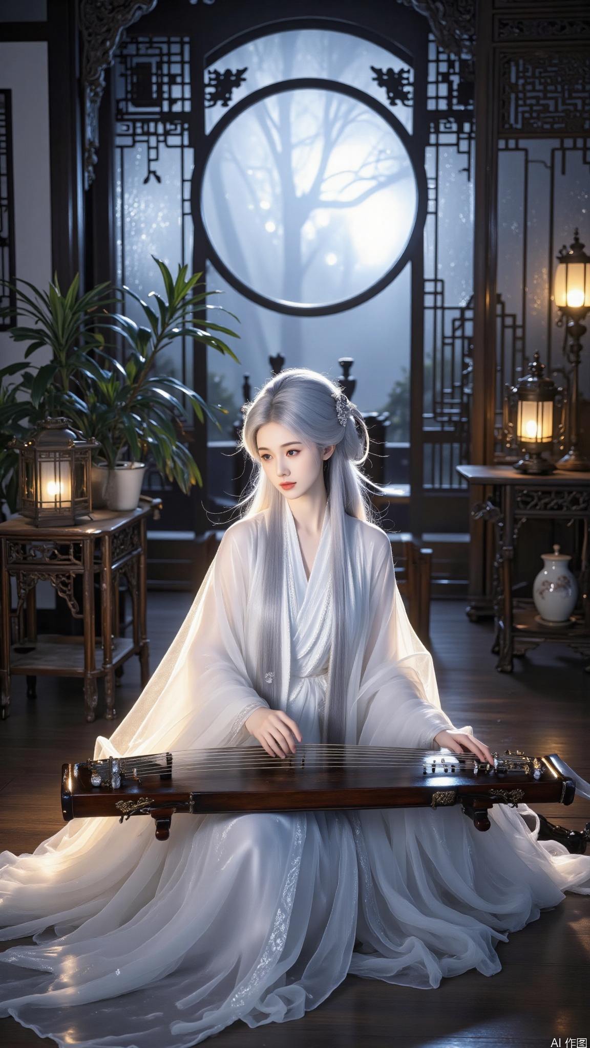 Ancient costume beauties,Fantasy novel beauties,This is a highly detailed, digitally enhanced photograph featuring a serene, ethereal scene. The central subject is a young woman with pale, translucent skin and long, flowing silver hair adorned with delicate, silver hairpins. She is dressed in a traditional, elegant Chinese robe made of white silk, which cascades around her, creating a sense of grace and tranquility. Her expression is contemplative and serene.

She is seated on a low wooden platform, playing a traditional Chinese zither, with her fingers delicately gliding across the strings. The zither is positioned horizontally in front of her, and she is surrounded by a soft, diffused light that creates a dreamy, otherworldly atmosphere.

In the background, there is a large, circular window with intricate wooden frames and frosted glass, through which a soft, blue light filters, casting a gentle glow on the scene. The room is decorated with traditional Chinese elements, including a small, ornate table with a lantern on it, and a potted plant with broad leaves to the left. The floor is made of polished wood, adding to the rich, warm tones of the setting. The overall mood is one of tranquility and beauty, evoking a sense of ancient Chinese culture and artistry.