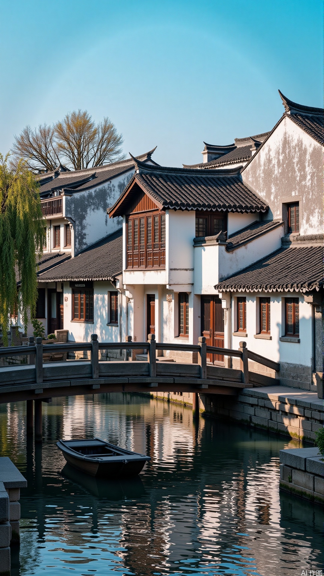 The image shows a traditional Chinese house with a small boat on a canal. The house is made of stone and has a white exterior with a black tiled roof. It has multiple windows and a balcony on the second floor. The canal is calm and there is a wooden bridge crossing over it. The sky is blue and there are trees in the background. The overall atmosphere of the image is peaceful and serene.