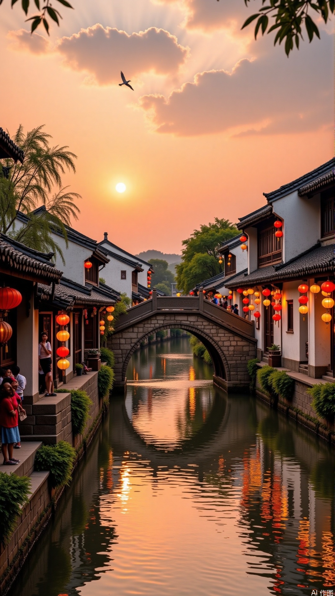 The image is a beautiful landscape photograph of a traditional Chinese village at sunset. The sky is orange and pink, and the sun is setting in the background, casting a warm glow over the scene. The water is calm and reflects the colors of the sky. On the right side of the image, there is a stone bridge with arches and pillars, spanning over a river. The bridge is decorated with colorful lanterns hanging from the buildings on both sides. People can be seen walking on the bridge and enjoying the view. The village is surrounded by trees and shrubs, and there are a few birds flying in the sky above. The overall atmosphere is peaceful and serene.