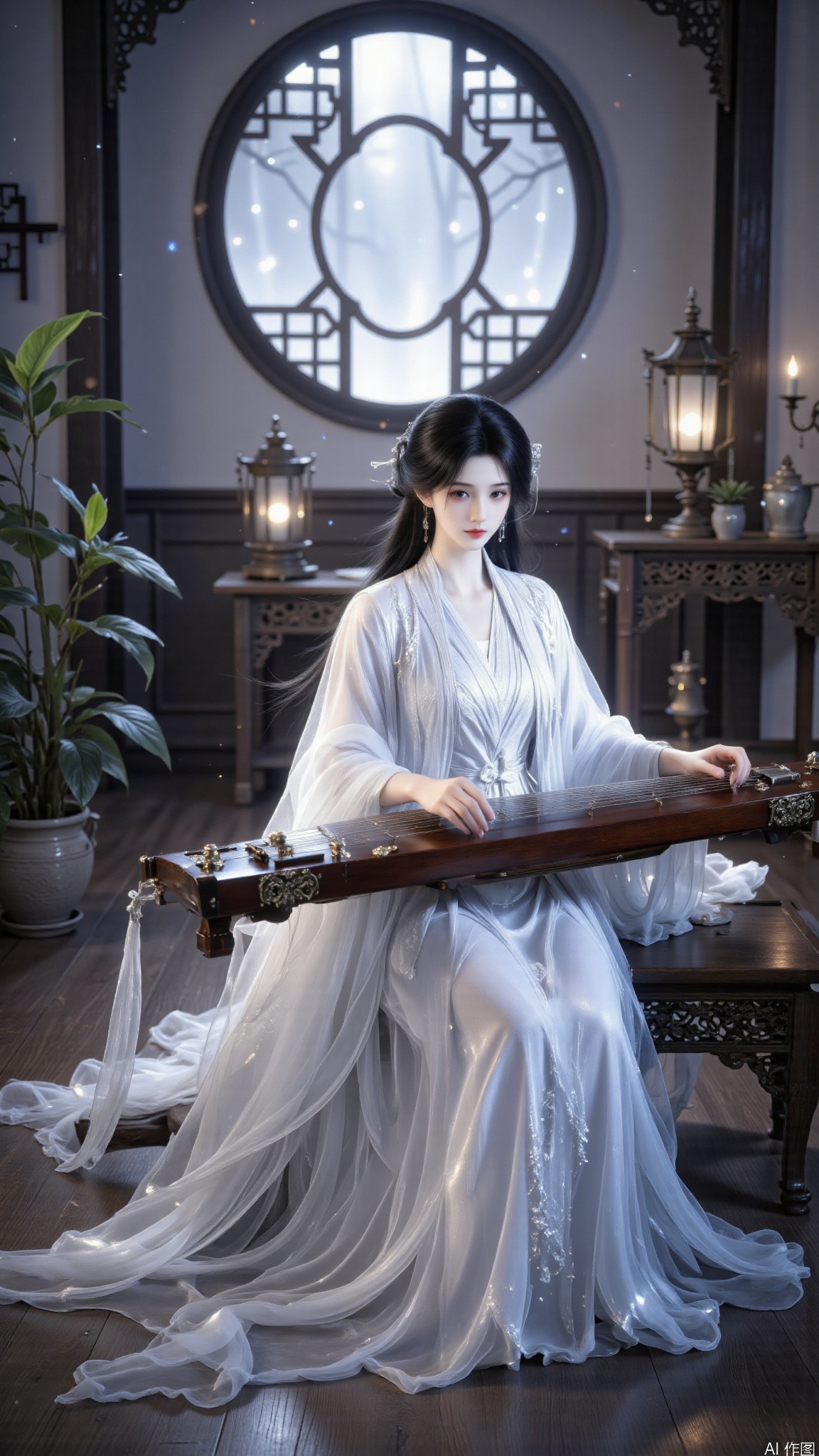 The beauty of ancient costumes, the beauty of fantasy fiction, this is a very detailed digitally enhanced photograph that shows a peaceful, ethereal scene. The central figure in the painting is a young woman with pale translucent skin, flowing black hair, and a delicate silver barrette. She wore a traditional, elegant white silk robe that draped over her body, giving a sense of elegance and serenity. Her expression was contemplative and serene.

Sitting on a low wooden platform, she played the traditional Chinese zither, dexterously sliding her fingers over the strings. The guzheng is placed horizontally in front of her, and she is surrounded by soft diffuse light, creating a dreamy, otherworldly atmosphere.

In the background, there is a large circular window with intricate wood frames and frosted glass, and soft blue light filters through the window, casting a soft glow over the scene. The room is decorated with traditional Chinese elements, including a small, ornate table with a lantern on it and a potted plant with wide leaves on the left. The floor is made of polished wood, adding a rich and warm tone. The overall atmosphere is one of serenity and beauty, evoking a sense of ancient Chinese culture and art.