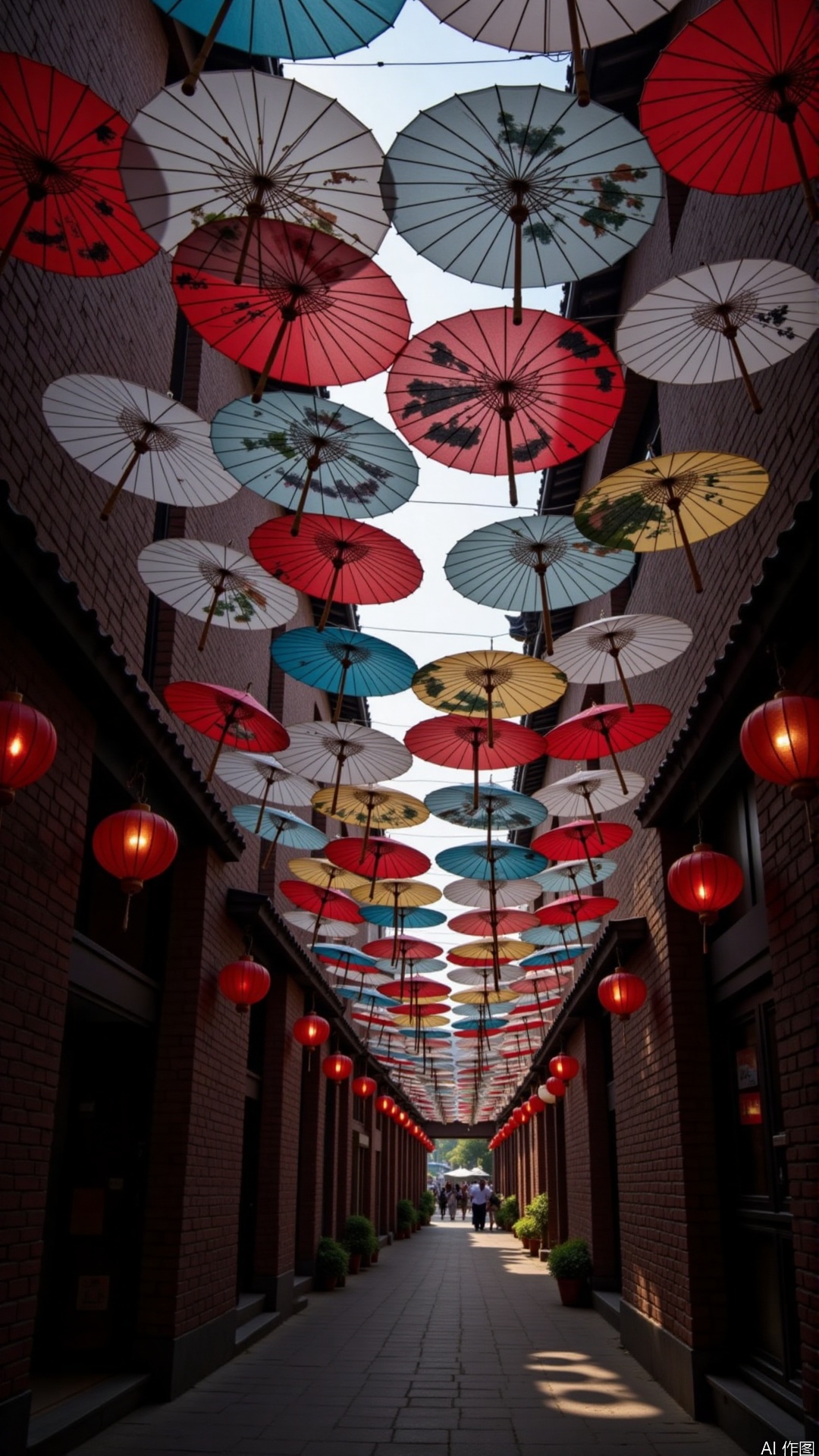 The image shows a narrow alleyway with multiple umbrellas hanging from the ceiling. The umbrellases are of different colors and patterns, including red, white, and blue. The alleyway is lined with brick walls on both sides and there are red lanterns hanging from them. The sky is visible in the background, and the overall atmosphere of the alleyway appears to be dimly lit.