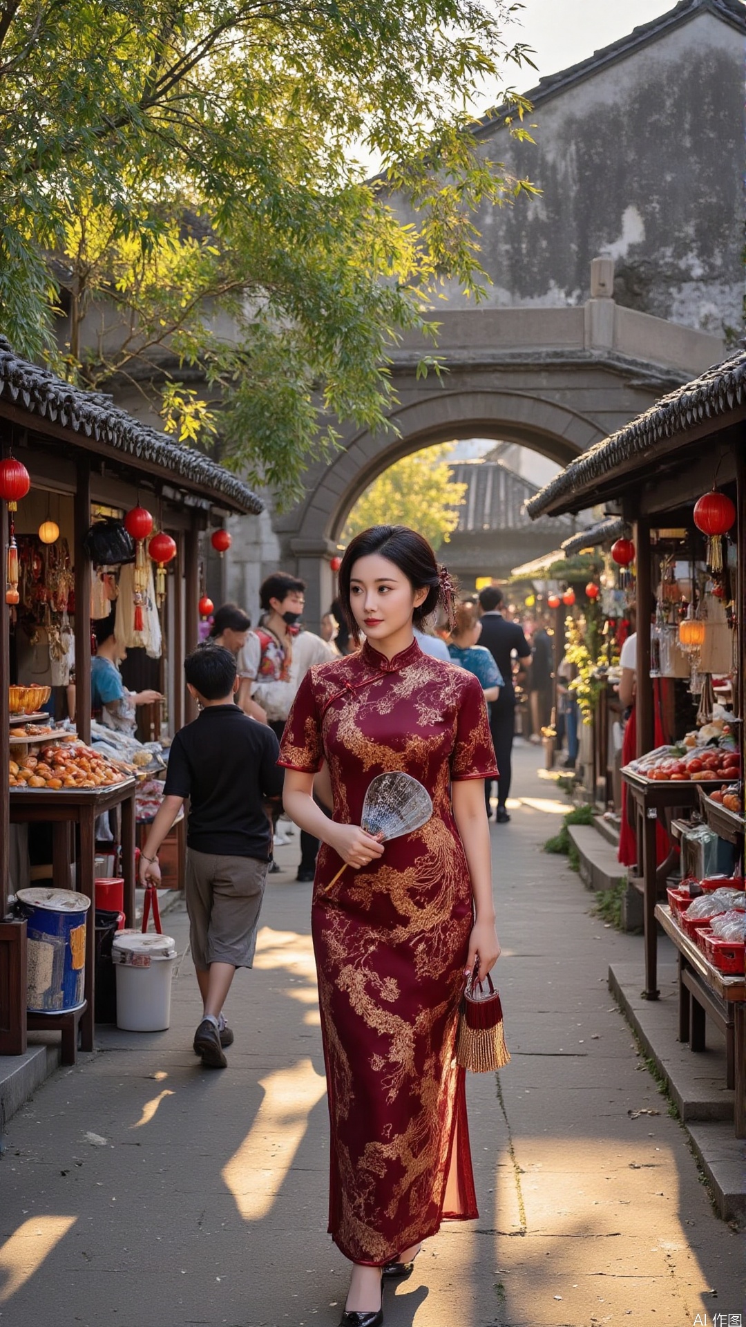 A bustling scene of a traditional market in a Jiangnan ancient town, featuring a radiant woman in a cheongsam strolling through the crowd. Her cheongsam is a bold wine red, intricately embroidered with phoenix patterns, symbolizing nobility and charm.

She holds a small fan in her hand, gently fanning herself as she walks through the lively market. The market is filled with vendors selling candied fruit, traditional handicrafts, and street performers entertaining the crowd.

In the background, a stone bridge arches over a river, with traditional houses and bamboo groves adding to the serene atmosphere. The entire scene is bathed in warm, golden light, with a color palette of wine red, orange yellow, and deep blue, evoking a sense of vitality and warmth. Perfect for a lively and dynamic theme."

