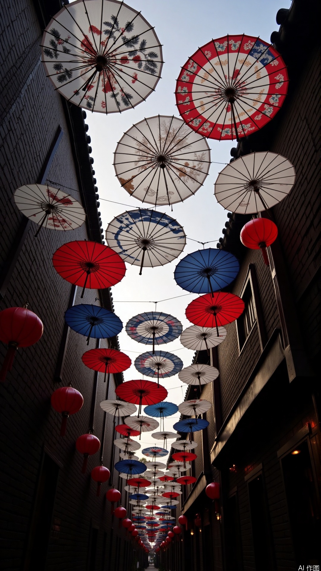 The image shows a narrow alleyway with multiple umbrellas hanging from the ceiling. The umbrellases are of different colors and patterns, including red, white, and blue. The alleyway is lined with brick walls on both sides and there are red lanterns hanging from them. The sky is visible in the background, and the overall atmosphere of the alleyway appears to be dimly lit.