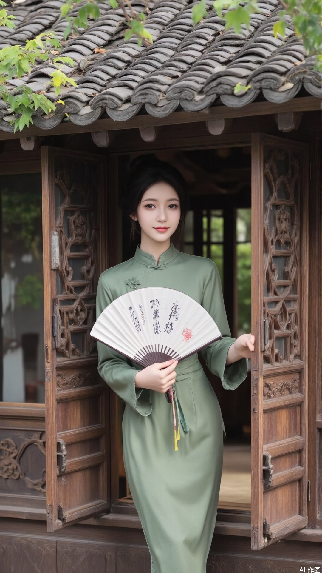 In the photo, a young woman in traditional Chinese Hanfu stood in front of a wooden window on a tile roof. She held a white fan in her hand and looked straight at the camera with a smile on her face. The window is made of wooden with intricate carvings on both sides. The woman wore a green high-necked long-sleeved robe with her hair tied in a bun. The background is blurry, but it seems to be an outdoor environment with trees and green plants. The overall atmosphere of the picture is peaceful.