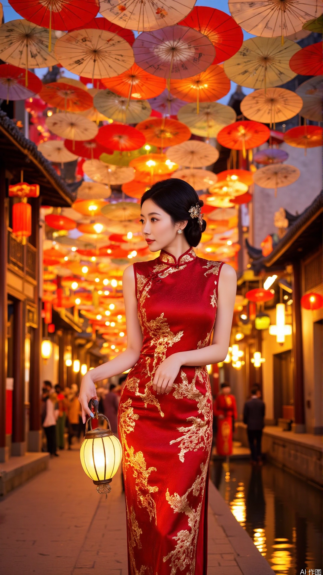 "A beautiful vision of a lantern festival in a Jiangnan ancient town, featuring a radiant woman in a cheongsam walking under a sea of colorful lanterns. Her cheongsam is a bold crimson red, intricately embroidered with golden phoenix patterns, symbolizing beauty and nobility.

Her hair is styled in an elegant bun, adorned with a golden hairpin, enhancing her regal presence. She holds a delicate lantern in her hand, its soft glow illuminating her path as she strolls through the festive street.

The cobblestone path is lined with traditional buildings, their eaves adorned with red lanterns and festive decorations. Street performers in traditional costumes entertain the lively crowd, while nearby, a small river reflects the warm glow of the lanterns.

The entire scene is bathed in warm, golden light, with a color palette of crimson red, deep gold, and soft yellow, evoking a sense of celebration and joy. Perfect for a festive and joyful theme."

