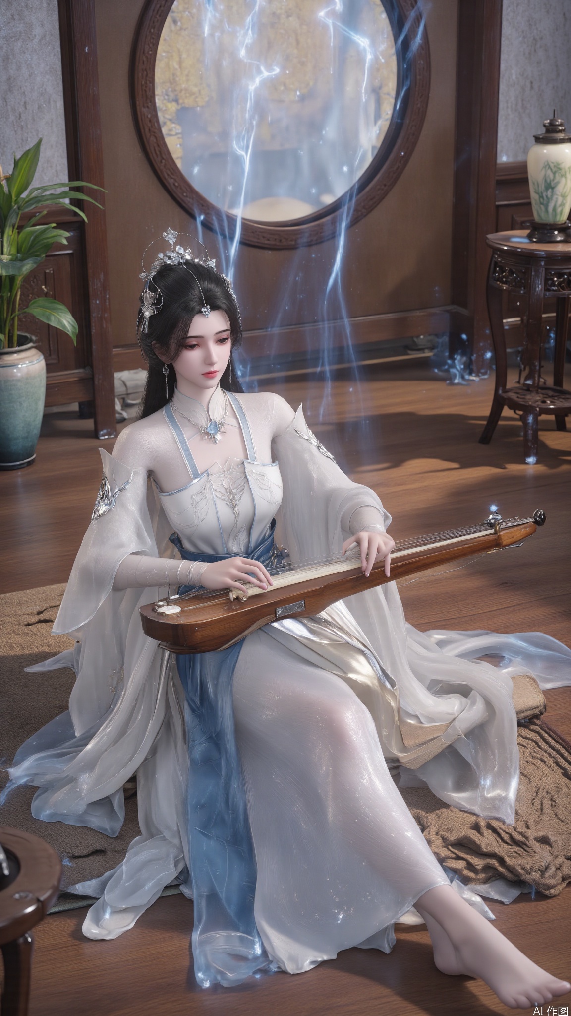 The beauty of ancient costumes, the beauty of fantasy fiction, this is a very detailed digitally enhanced photograph that shows a peaceful, ethereal scene. The central figure in the painting is a young woman with pale translucent skin, flowing black hair, and a delicate silver barrette. She wore a traditional, elegant white silk robe that draped over her body, giving a sense of elegance and serenity. Her expression was contemplative and serene.

Sitting on a low wooden platform, she played the traditional Chinese zither, dexterously sliding her fingers over the strings. The guzheng is placed horizontally in front of her, and she is surrounded by soft diffuse light, creating a dreamy, otherworldly atmosphere.

In the background, there is a large circular window with intricate wood frames and frosted glass, and soft blue light filters through the window, casting a soft glow over the scene. The room is decorated with traditional Chinese elements, including a small, ornate table with a lantern on it and a potted plant with wide leaves on the left. The floor is made of polished wood, adding a rich and warm tone. The overall atmosphere is one of serenity and beauty, evoking a sense of ancient Chinese culture and art.