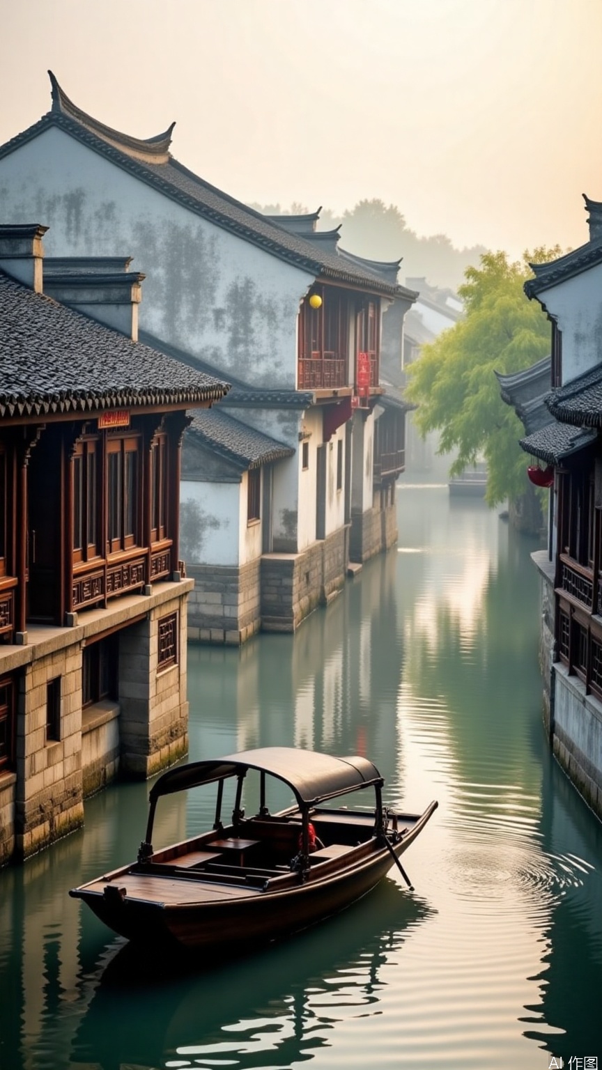 Morning mist envelops the ancient water town of Jiangnan as a sleek black-sailed boat glides smoothly along the tranquil river, its wake rippling softly against the weathered stone banks. Traditional Chinese buildings with intricately tiled roofs and ornate facades seem to materialize from the fog, their vibrant macaron hues - turquoise, crimson, and saffron - glistening like jewels in the soft light. The atmosphere is bathed in a warm, cinematic glow, as if the sun's rays have been carefully filtered through a lens. Every detail, from the wispy tendrils of fog to the delicate carvings on the boat's wooden hull, is rendered with ultra-high definition precision.