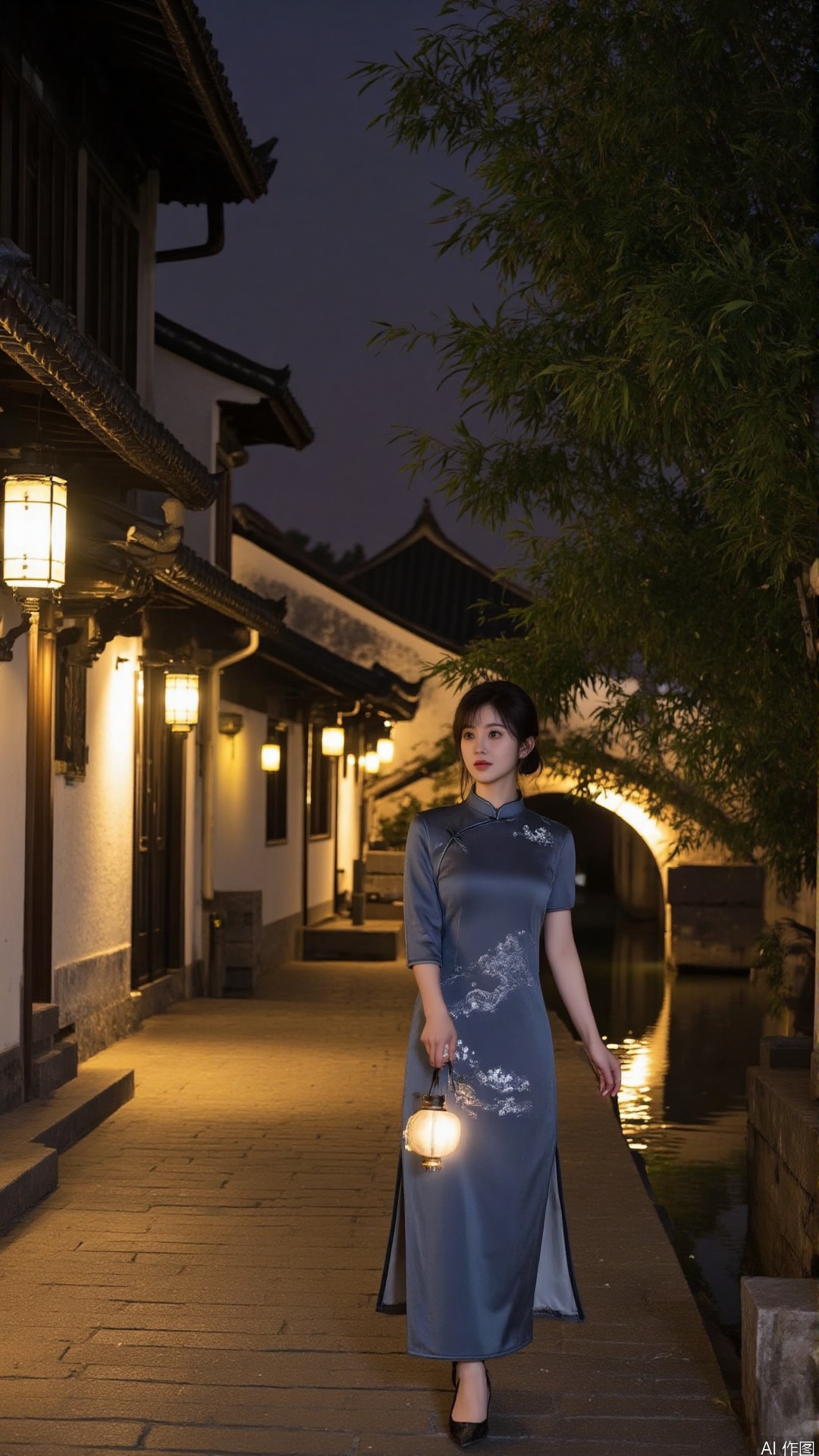 "A tranquil night scene of a Jiangnan ancient town, featuring a charming woman in a cheongsam walking along a cobblestone path. Her cheongsam is a soft navy blue, delicately embroidered with silver stars and waves, symbolizing tranquility and mystery.

She holds a small lantern in her hand, its warm glow casting soft shadows on the path. The street is lined with traditional buildings, their white walls and black tiled roofs illuminated by the soft light of hanging lanterns.

In the background, a stone bridge arches over a calm river, while the silhouettes of bamboo groves add a touch of natural beauty. The entire scene is bathed in soft, warm light, with a color palette of navy blue, soft gold, and deep gray, evoking a sense of peace and serenity. Perfect for a night-themed and dreamy artwork."
