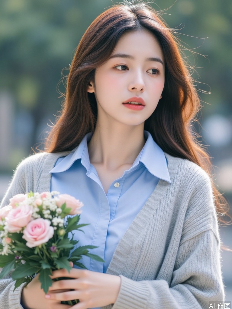 quyou \(wutong\),The image shows a young woman with long, wavy brown hair, wearing a light blue shirt layered with a gray sweater. She is standing outdoors, with a blurred background that appears to be a natural setting, possibly a park or garden. In her right arm, she is holding a bouquet of pink and white flowers, which adds a touch of elegance to the scene. The lighting is soft and natural, suggesting that the photo was taken during the daytime. The overall atmosphere of the image is serene and peaceful.