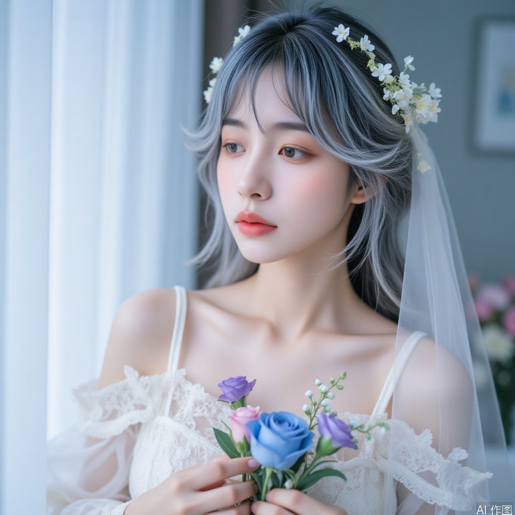 quyou \(wutong\),The image depicts a young woman with a serene and ethereal appearance. She has light gray hair styled in soft waves,adorned with delicate white floral accessories that give her a bridal look. Her makeup is subtle,with a focus on her natural features,including a soft pink lip color. She is dressed in a white lace garment that has off-shoulder sleeves,adding to the romantic and vintage aesthetic. In her hands,she holds a small bouquet of flowers,including a prominent blue rose and a few smaller pink and purple blooms. The flowers are arranged in a way that complements her attire and adds to the overall dreamy atmosphere of the image. The background is softly blurred,with a light blue hue that complements the colors in her attire and the flowers she is holding. The lighting is gentle and diffused,creating a gentle and peaceful ambiance.

