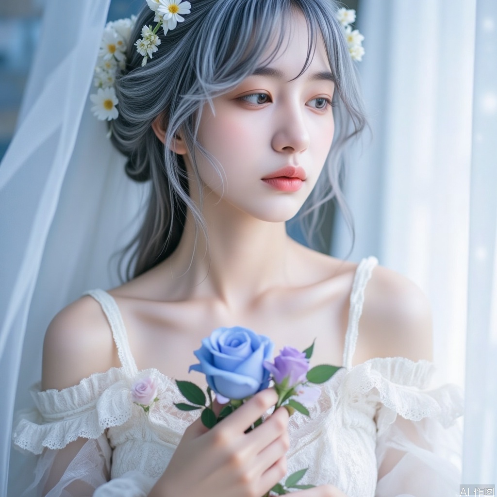 quyou \(wutong\),The image depicts a young woman with a serene and ethereal appearance. She has light gray hair styled in soft waves,adorned with delicate white floral accessories that give her a bridal look. Her makeup is subtle,with a focus on her natural features,including a soft pink lip color. She is dressed in a white lace garment that has off-shoulder sleeves,adding to the romantic and vintage aesthetic. In her hands,she holds a small bouquet of flowers,including a prominent blue rose and a few smaller pink and purple blooms. The flowers are arranged in a way that complements her attire and adds to the overall dreamy atmosphere of the image. The background is softly blurred,with a light blue hue that complements the colors in her attire and the flowers she is holding. The lighting is gentle and diffused,creating a gentle and peaceful ambiance.

