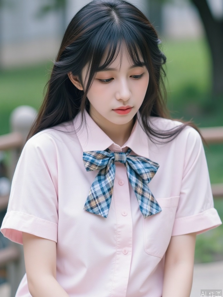 quyou \(wutong\),The image features a young woman wearing a light pink short-sleeved shirt with a plaid bow tie. She has long, dark hair that is partially tied back. The background appears to be outdoors, with a blurred view of greenery and a structure, possibly a building or a fence. The woman is looking down slightly, with a gentle expression on her face.