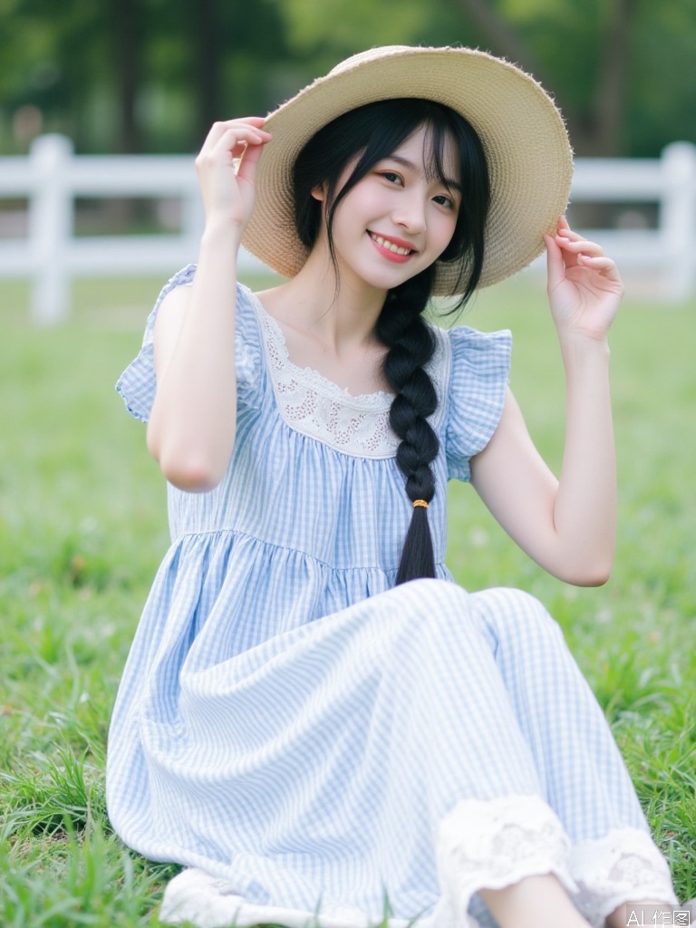 quyou \(wutong\),The image shows a young woman sitting on grass, wearing a light blue checkered dress with white lace details. She has long, dark hair styled in a braid and is wearing a wide-brimmed straw hat. The background consists of a blurred natural setting with green trees and a white fence. The woman is smiling and appears to be adjusting her hat with her hands. The overall scene has a serene and summery feel.