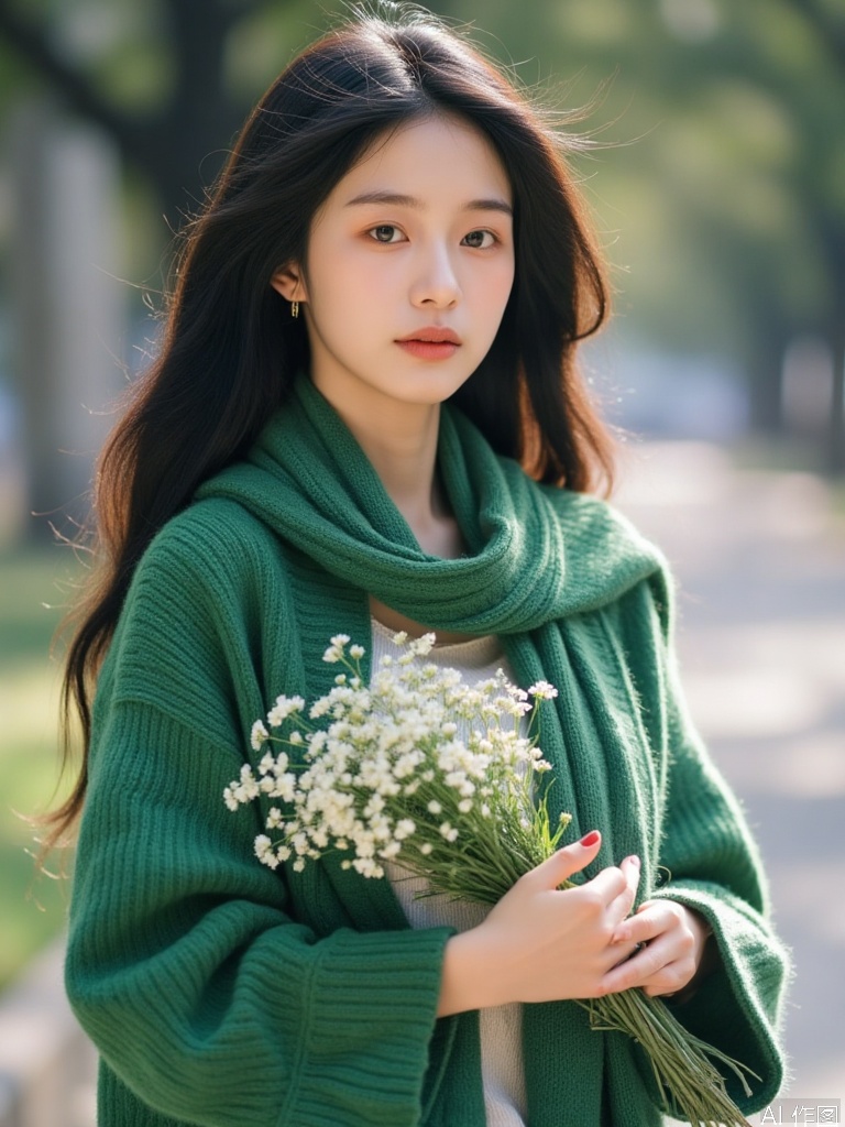 quyou \(wutong\),The image shows a young woman with long, dark hair, wearing a green knitted cardigan and a matching green scarf. She is holding a bouquet of white flowers. The background is blurred, suggesting a shallow depth of field, which emphasizes the subject in the foreground. The lighting is soft and natural, giving the image a warm and serene feel.