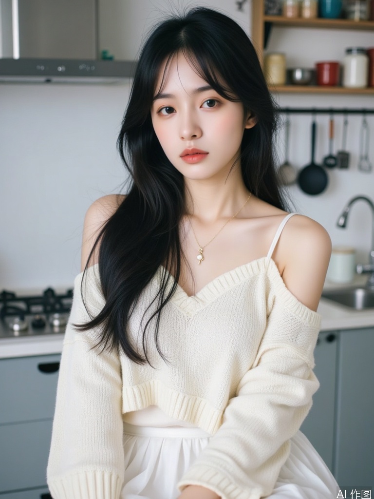 quyou \(wutong\),The lighting is gentle and diffused,The image shows a young woman sitting in a modern kitchen. She is wearing a light-colored, off-shoulder sweater paired with a white skirt. Her outfit is complemented by a delicate gold necklace with a small pendant. Her long, dark hair is styled in loose waves, and she has subtle makeup with a focus on her lips. The kitchen in the background features a stove with a range hood, a sink with a faucet, and various kitchen utensils hanging on a black handlebar. Shelves above the sink hold jars and other kitchen items, contributing to a clean and organized look. The overall setting is bright and inviting, with a soft focus on the woman.
