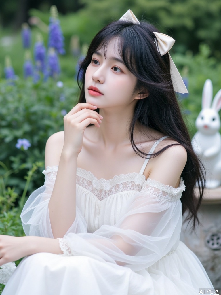 quyou \(wutong\),The image shows a young woman with long, dark hair and a light-colored bow in her hair. She is wearing a white dress with lace details and is resting her chin on her hand, looking slightly to the side. The background is a lush garden with green foliage and purple flowers, creating a serene and natural setting. There is also a white statue of a rabbit in the background, adding a whimsical element to the scene.