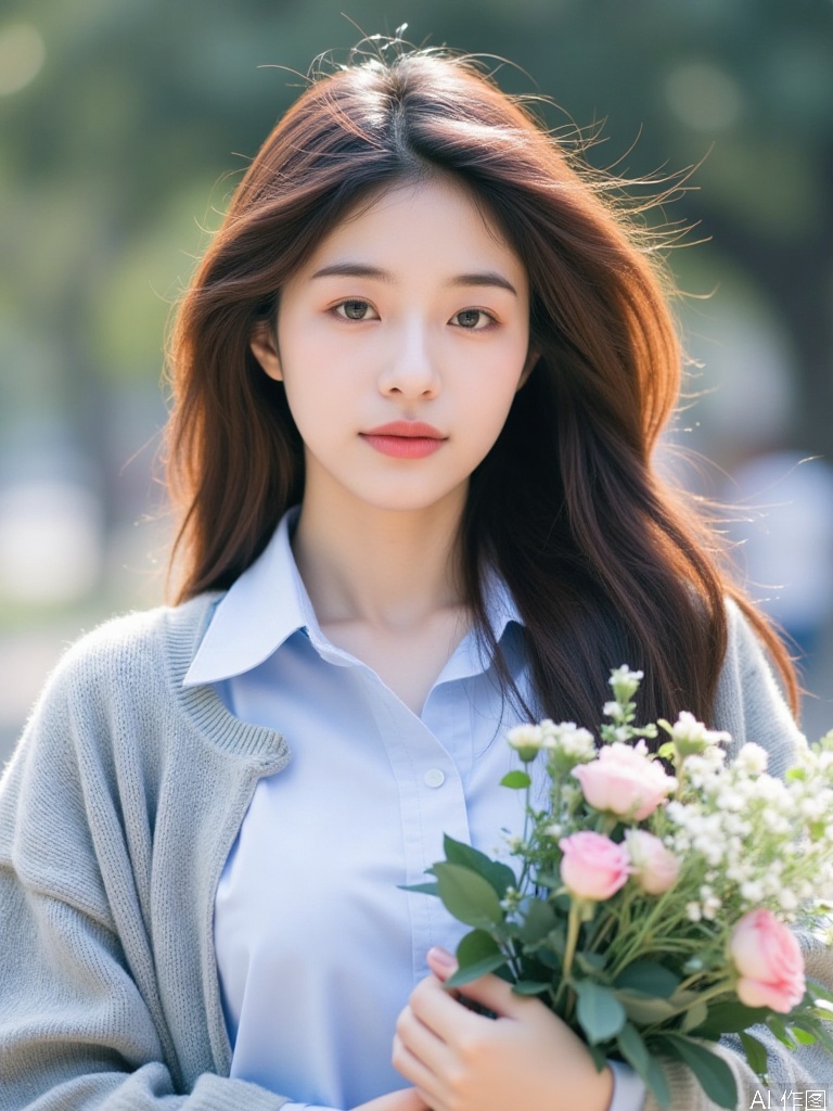 quyou \(wutong\),The image shows a young woman with long, wavy brown hair, wearing a light blue shirt layered with a gray sweater. She is standing outdoors, with a blurred background that appears to be a natural setting, possibly a park or garden. In her right arm, she is holding a bouquet of pink and white flowers, which adds a touch of elegance to the scene. The lighting is soft and natural, suggesting that the photo was taken during the daytime. The overall atmosphere of the image is serene and peaceful.