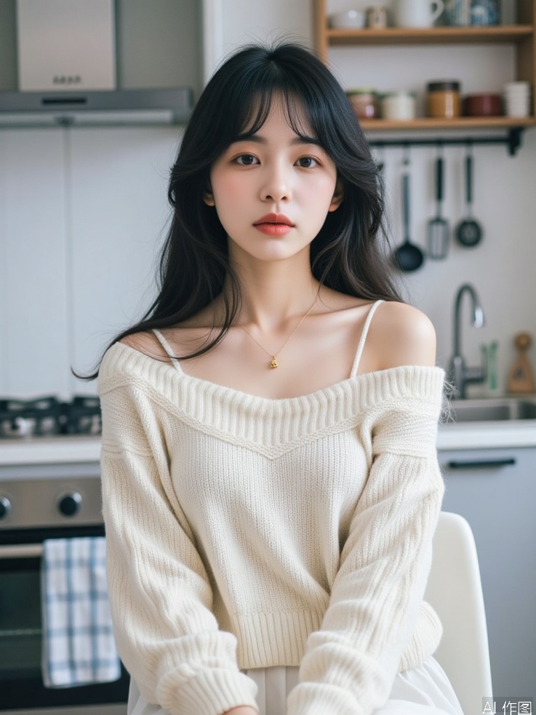 quyou \(wutong\),The image shows a young woman sitting in a modern kitchen. She is wearing a light-colored, off-shoulder sweater paired with a white skirt. Her outfit is complemented by a delicate gold necklace with a small pendant. Her long, dark hair is styled in loose waves, and she has subtle makeup with a focus on her lips. The kitchen in the background features a stove with a range hood, a sink with a faucet, and various kitchen utensils hanging on a black handlebar. Shelves above the sink hold jars and other kitchen items, contributing to a clean and organized look. The overall setting is bright and inviting, with a soft focus on the woman.
