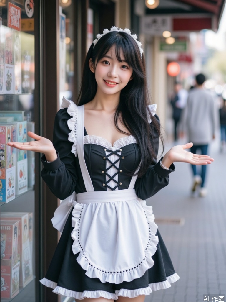 quyou \(wutong\),A young Asian girl dressed as a black maid stands gracefully at the entrance of an anime store. She wears a white maid apron that contrasts sharply with her dark outfit. Her anime-style hair is adorned with a delicate hair ornament, adding a touch of elegance. Her miniskirt reveals her smooth thighs, and her posture subtly emphasizes her cleavage and large breasts, giving a sense of youthful innocence. She smiles warmly, inviting customers into the store. The scene is captured with a wide-angle lens to show the bustling street behind her, with a shallow depth of field (f/2.8) to keep her in sharp focus while blurring the background. The composition is centered, highlighting her welcoming gesture.