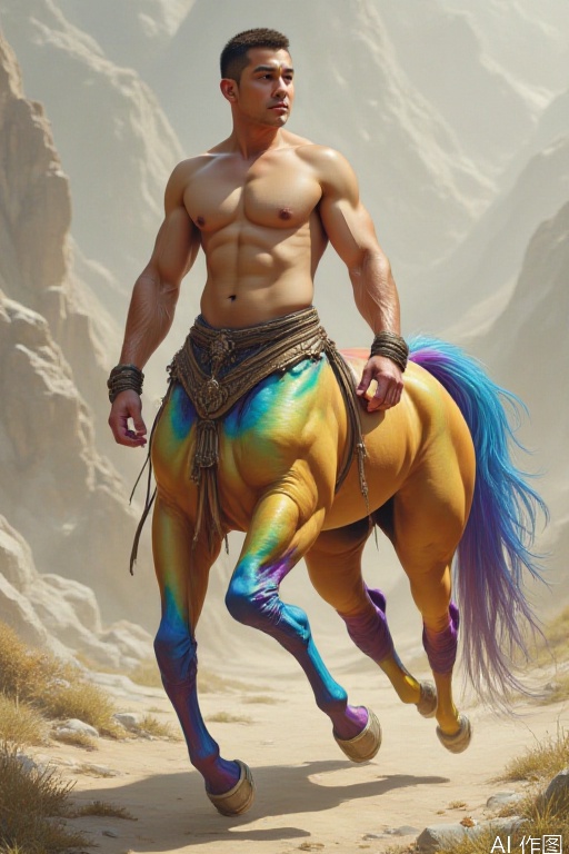 1BOY,handsome,centaur,The upper body is a race of humans and the lower body is a race of horses,Rainbow colored horse skin