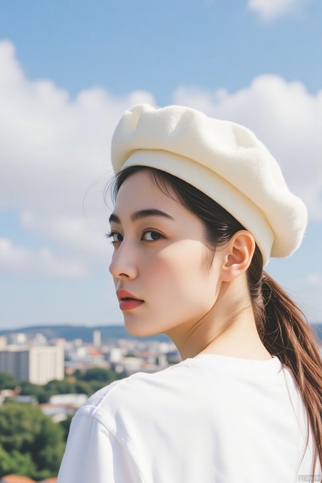 1girl, solo, looking at viewer, brown hair, shirt, hat, white shirt, upper body, outdoors, sky, day, looking back, cloud, blue sky, white headwear, building, city, realistic