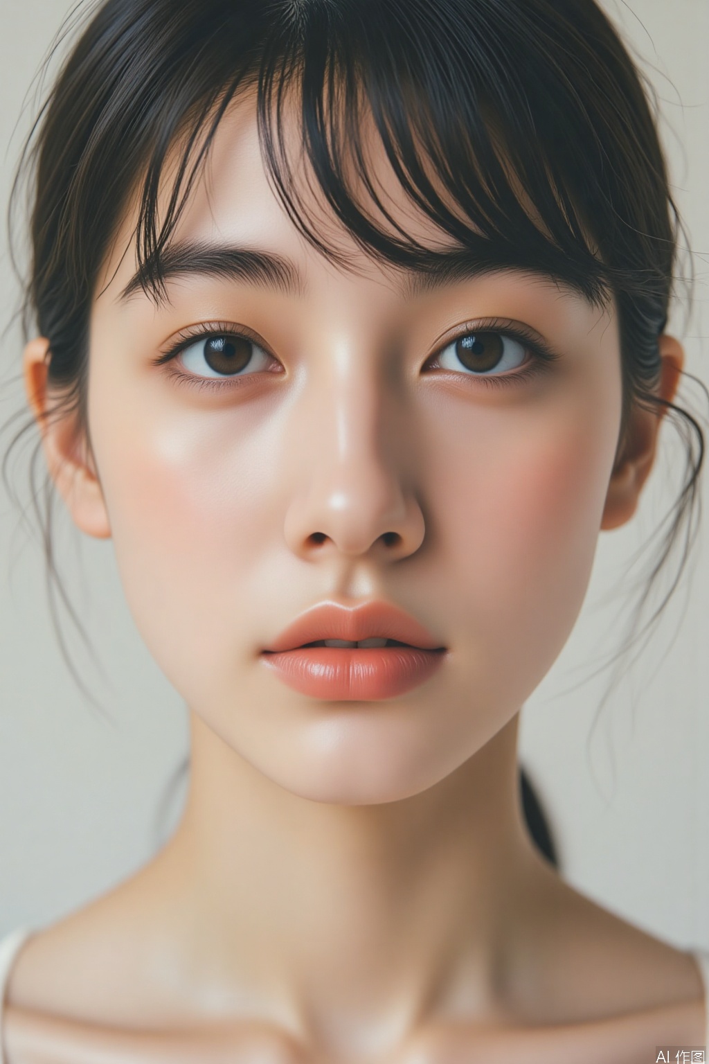 1girl, solo, looking at viewer, short hair, bangs, black hair, dress, bare shoulders, collarbone, upper body, parted lips, black eyes, lips, realistic