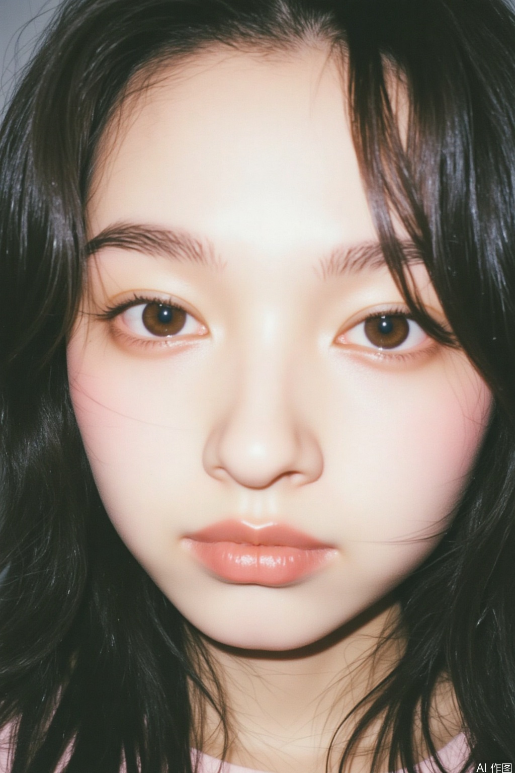 film,1girl, solo, looking at viewer, black hair, brown eyes, blurry, lips, portrait, close-up, forehead, realistic, nosei,(Polaroid style)