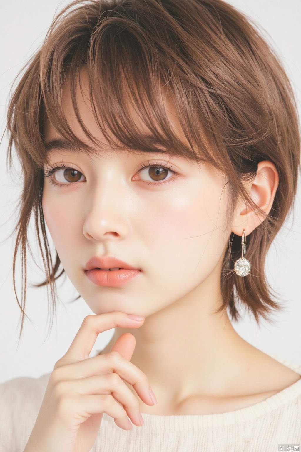 1girl, solo, looking at viewer, short hair, bangs, brown hair, brown eyes, jewelry, earrings, lips, traditional media, portrait