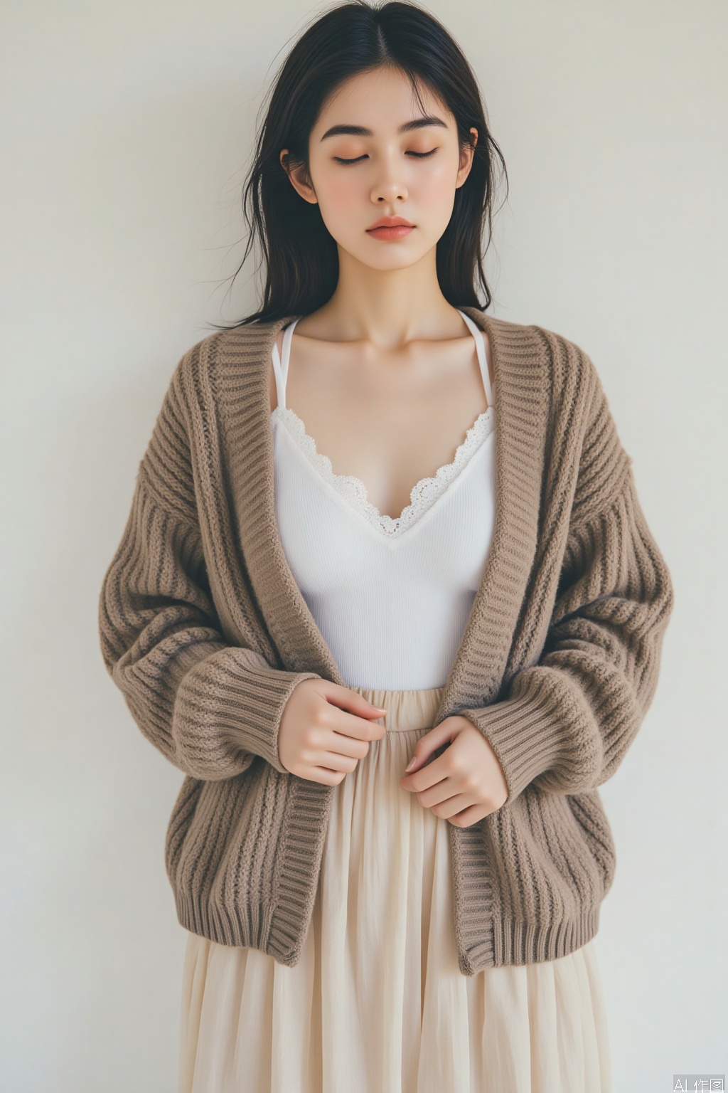 1girl, solo, breasts, skirt, black hair, cleavage, collarbone, closed eyes, white shirt, lips, cat, thick eyebrows, cardigan