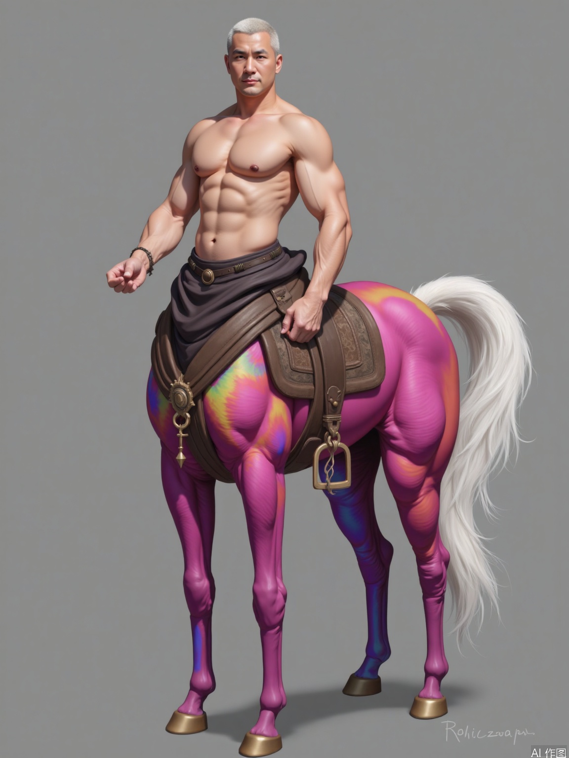 1man,handsome,centaur,The upper body is a race of humans and the lower body is a race of horses,Rainbow colored horse skin