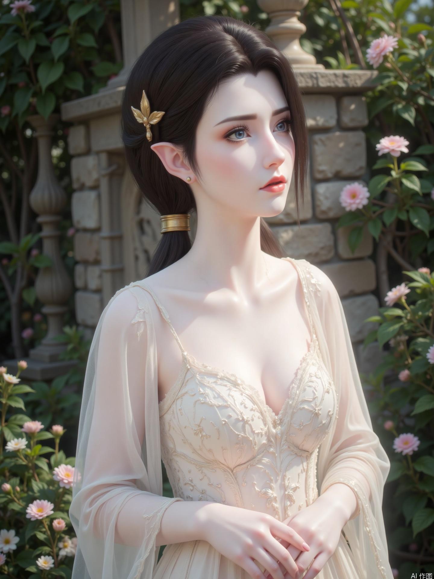 The image depicts a serene and ethereal scene with a woman dressed in a sheer, white garment adorned with delicate floral patterns. She is surrounded by lush greenery and blooming pink flowers, creating a tranquil and romantic atmosphere. The woman's hair is styled elegantly, with small pink flowers strategically placed to enhance her appearance. The background consists of stone structures and more foliage, adding depth and a sense of natural beauty to the composition. The overall aesthetic is soft and dreamy, with a focus on the interplay between light and shadow.