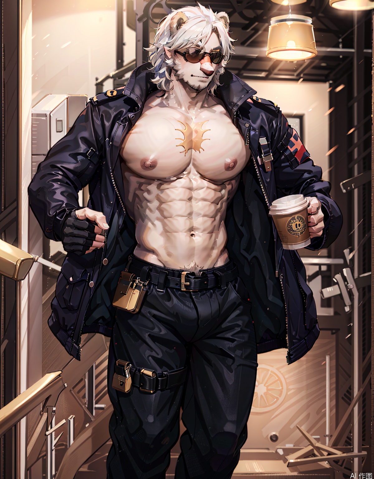 solo, short hair, 1boy, navel, holding,muscular bear, nipples, jacket,little bear tail,bear furry, white hair, male focus, open clothes, alternate costume, belt, pants, fingerless gloves, stomach, open jacket, cup, muscular, feet out of frame, art deco,artist:MuCha,art nouveau, sunglasses, pectorals, muscular male, holding cup, bara, furry, large pectorals, furry male, bear ears, disposable cup, bare pectorals, white fur, bear boy