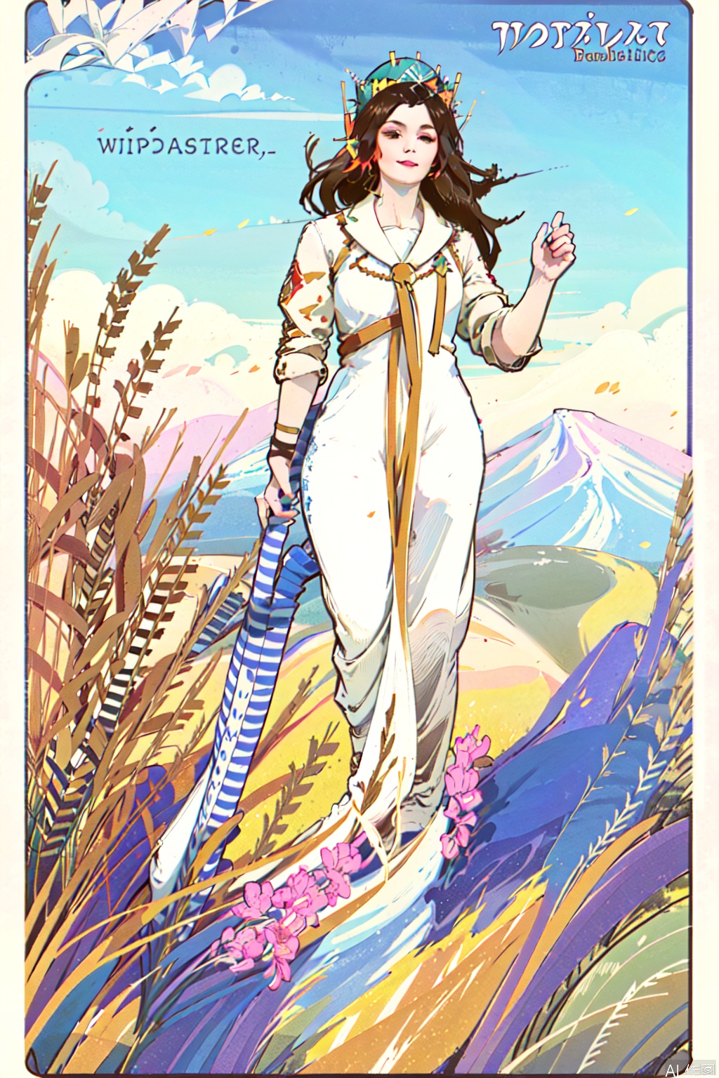 1girl, solo, long hair, smile, brown hair, hat, holding, brown eyes, standing, weapon, boots, outdoors, sky, day, pants, sword, grass, sheath, sheathed, mountain, white pants, straw hat,flowers,wheat,artist:MuCha,art deco,human,furry,girl,boy,artist:Mucha