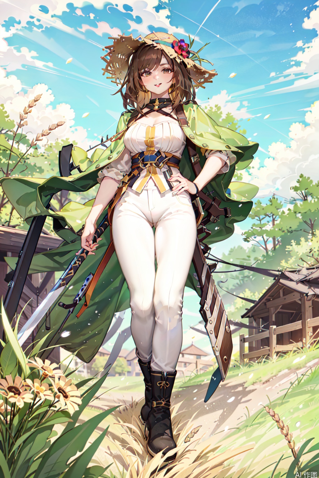 1girl, solo, long hair, smile, brown hair, hat, holding, brown eyes, standing, weapon, boots, outdoors, sky, day, pants, sword, grass, sheath, sheathed, mountain, white pants, straw hat,flowers,wheat,artist:MuCha,art deco,human,furry,girl,boy,artist:Mucha