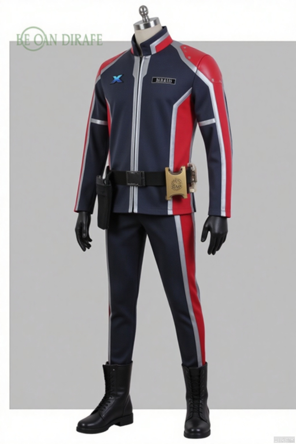 XIO,collar,belt,logo,uniform,jacket,pants,gloves,boots,emblem,blue jacket,blue pants,blue jacket with grey line,blue pants with gray line