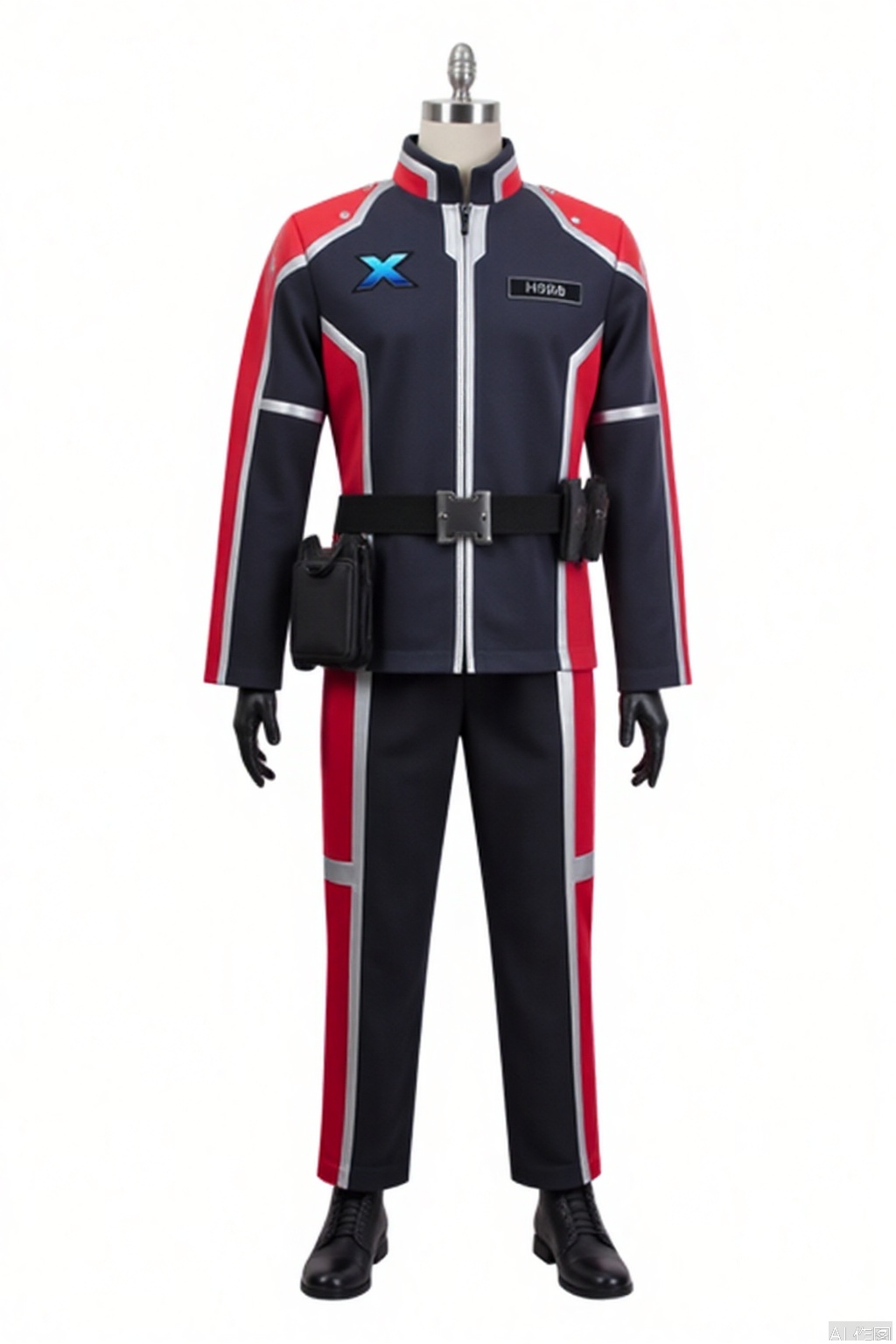 XIO,collar,belt,logo,uniform,jacket,pants,gloves,boots,emblem,blue jacket,blue pants,blue jacket with grey line,blue pants with gray line